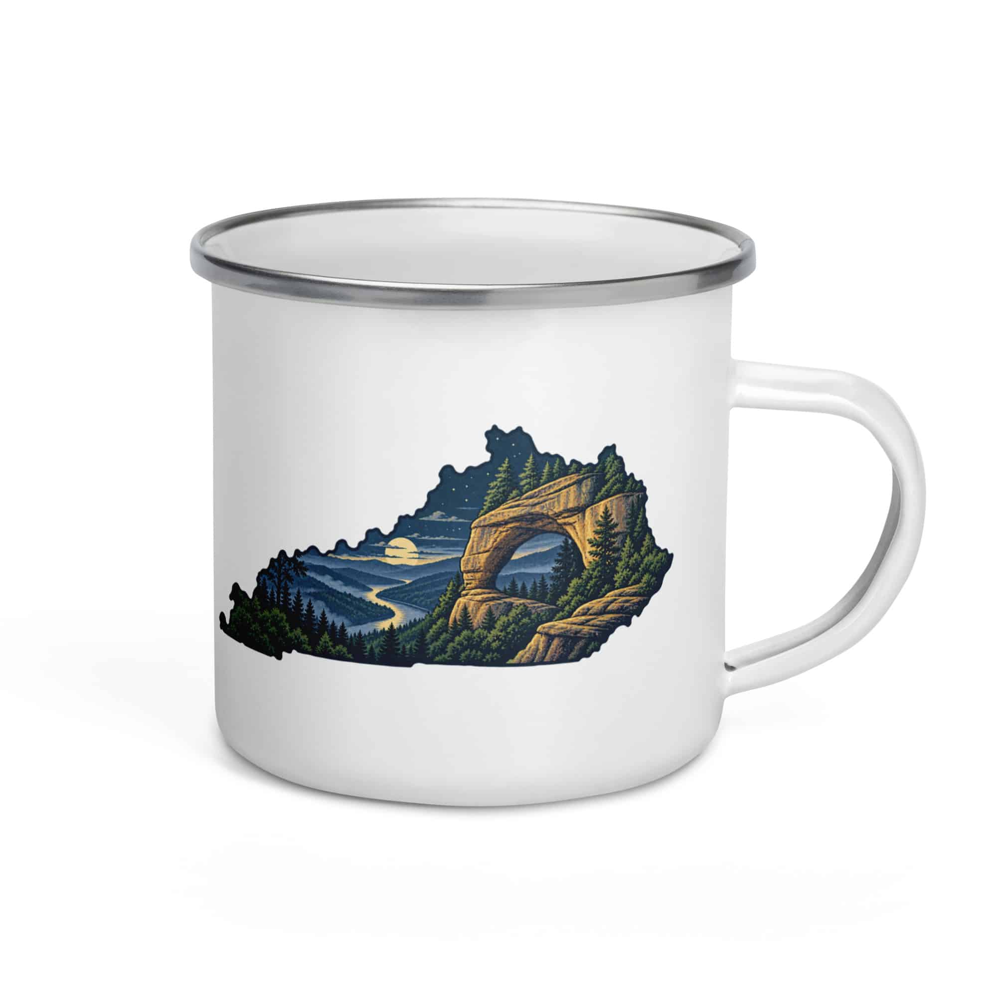 Kentucky Enamel Camp Mug: Sandstone arch and forest, Illustrated Kentucky Silhouette