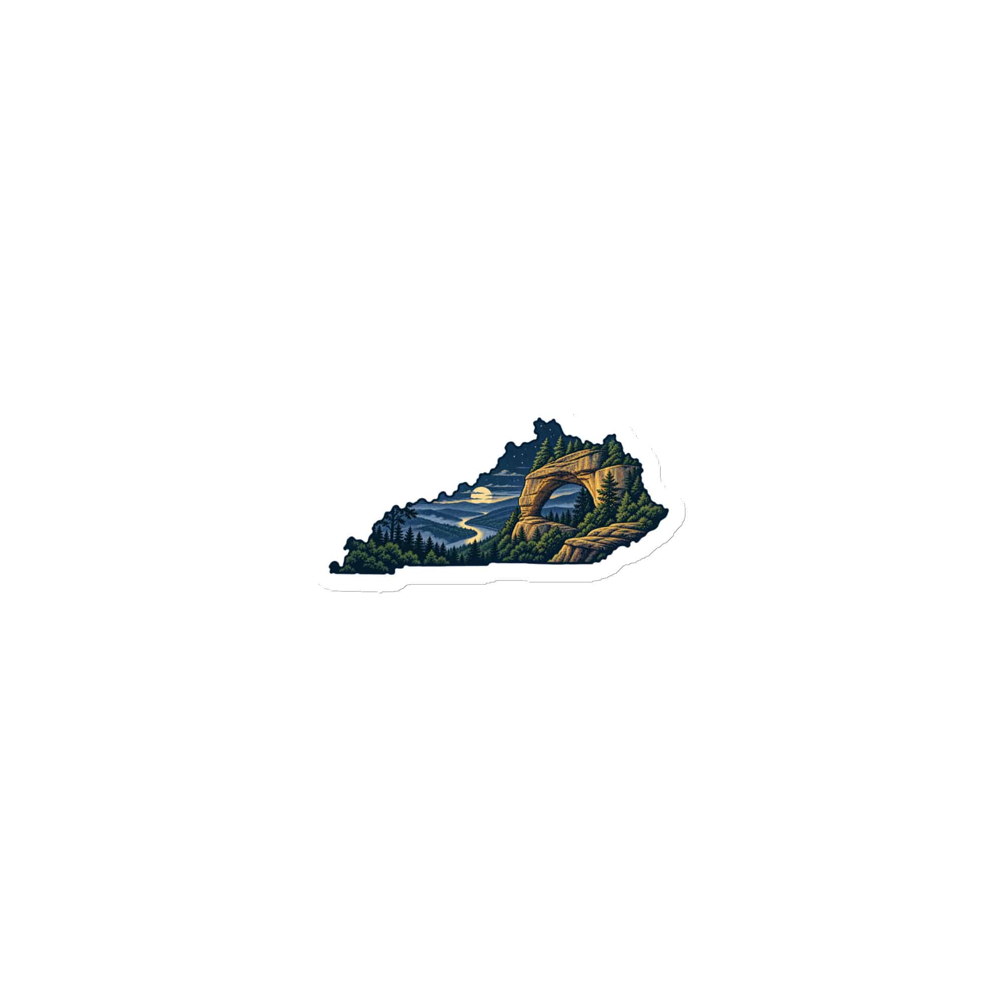 Kentucky Die-Cut Magnet: Sandstone arch and forest, Illustrated Kentucky Silhouette