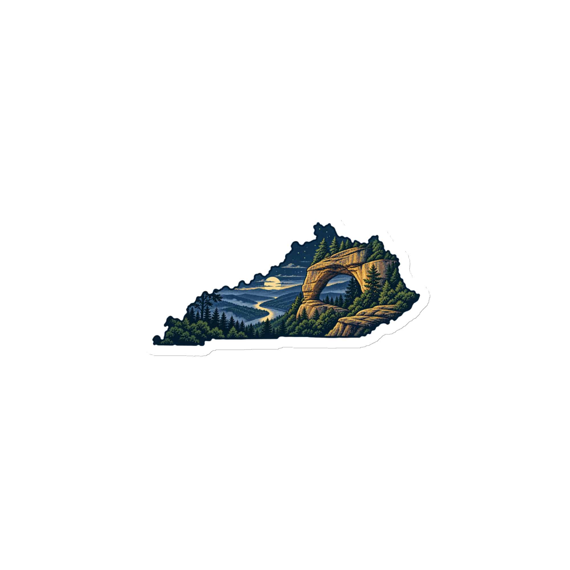 Kentucky Die-Cut Magnet: Sandstone arch and forest, Illustrated Kentucky Silhouette