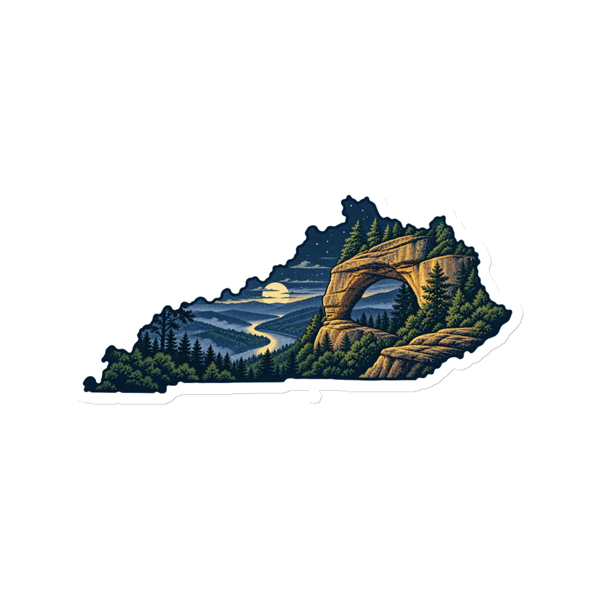 Kentucky Die-Cut Magnet: Sandstone arch and forest, Illustrated Kentucky Silhouette