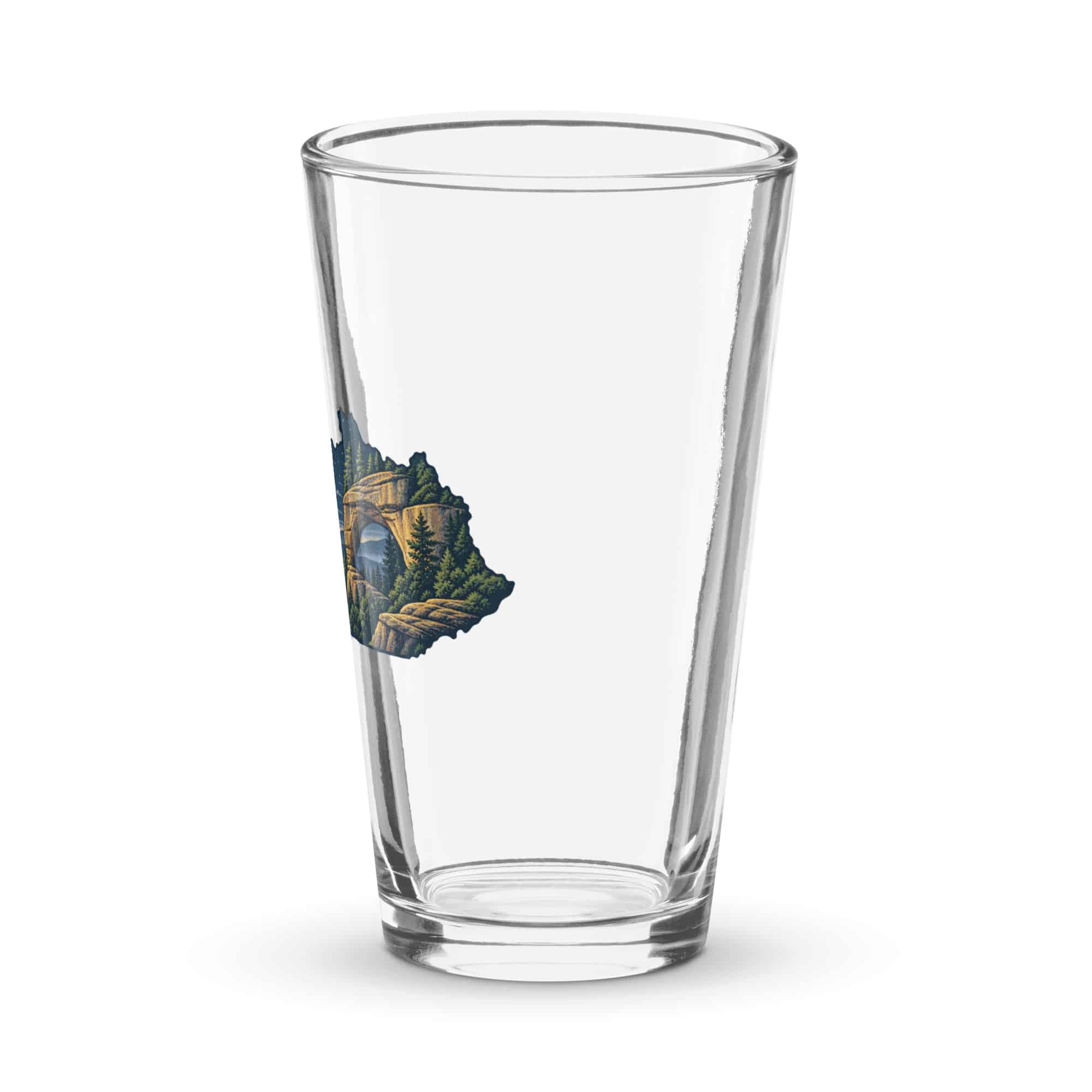 Kentucky Pint Glass: Sandstone arch and forest, Illustrated Kentucky Silhouette