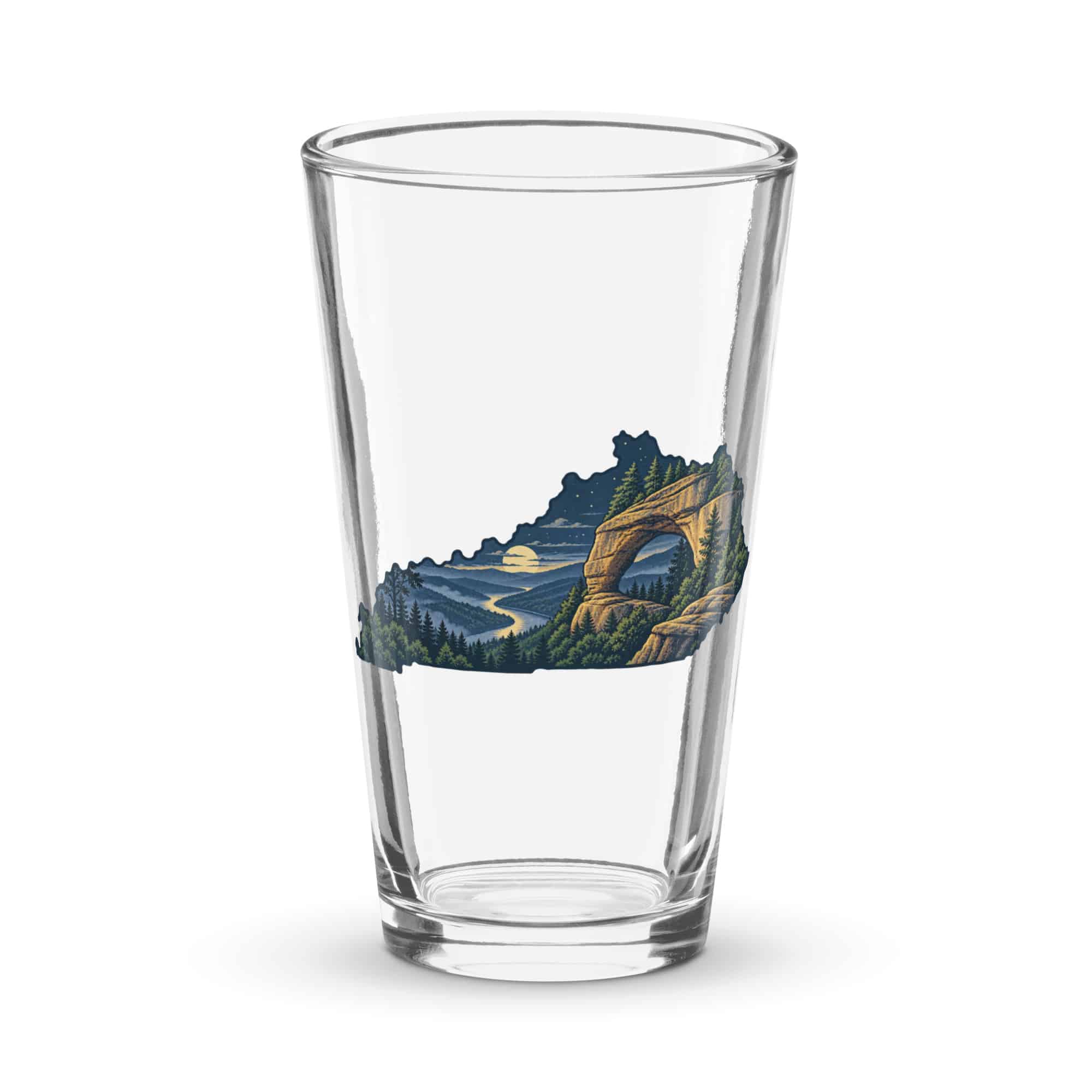 Kentucky Pint Glass: Sandstone arch and forest, Illustrated Kentucky Silhouette