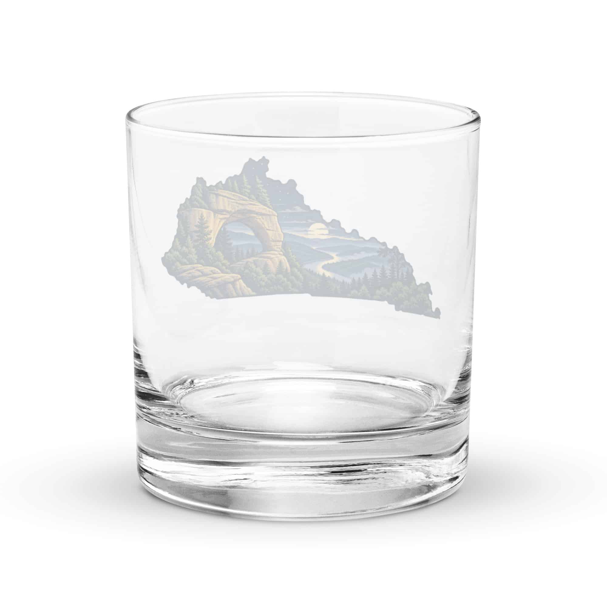 Kentucky Rocks Glass: Sandstone arch and forest, Illustrated Kentucky Silhouette