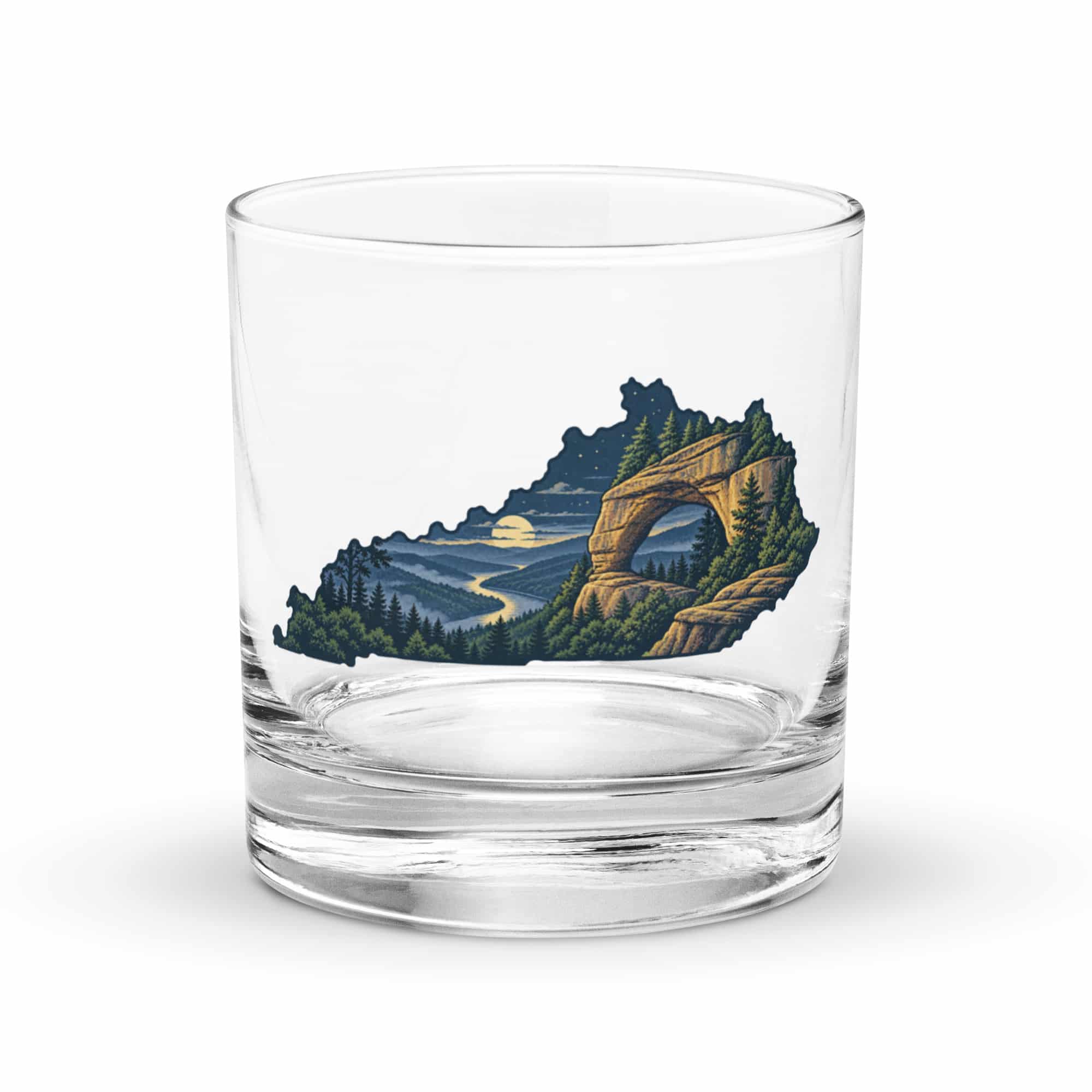 Kentucky Rocks Glass: Sandstone arch and forest, Illustrated Kentucky Silhouette
