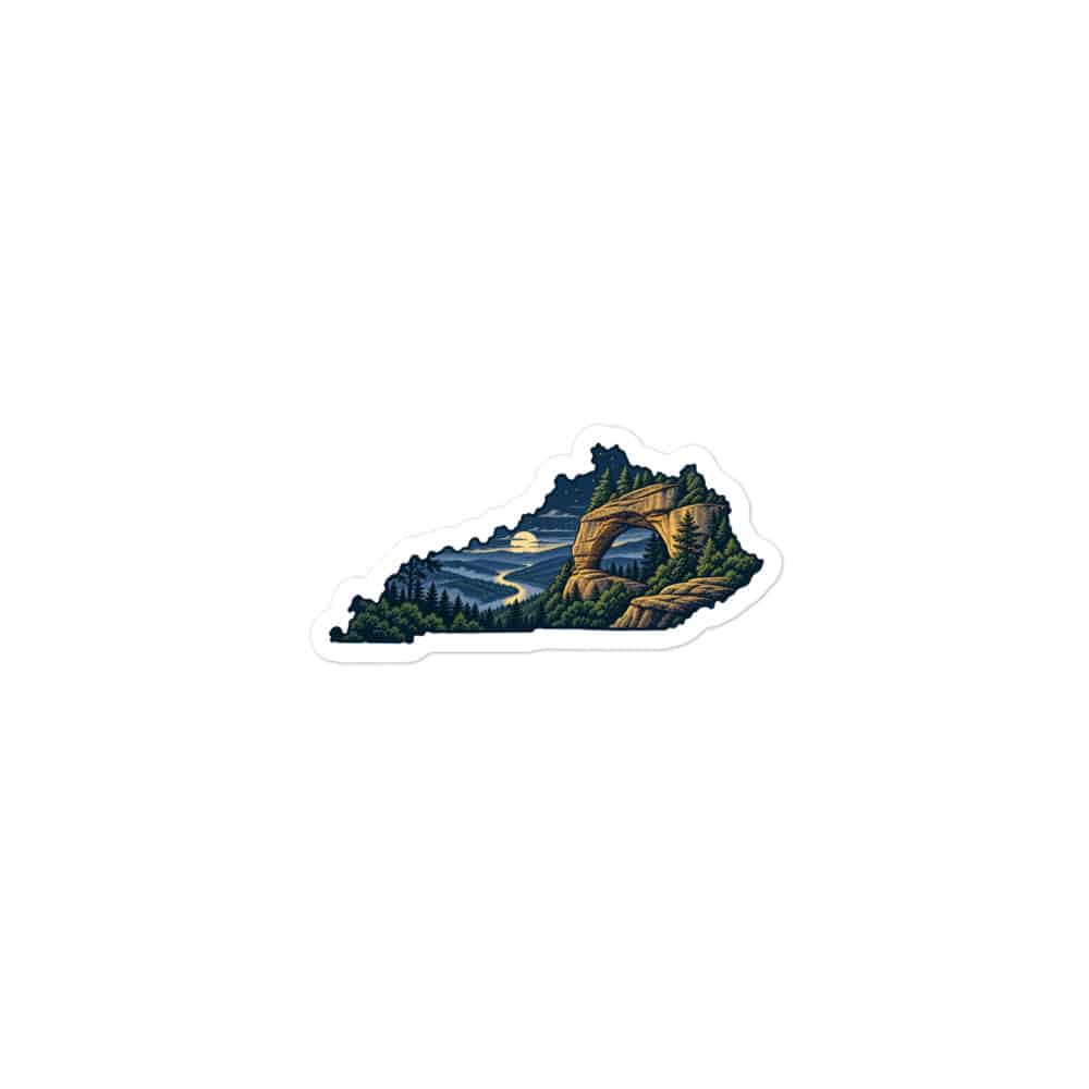 Kentucky Vinyl Sticker: Sandstone arch and forest, Illustrated Kentucky Silhouette