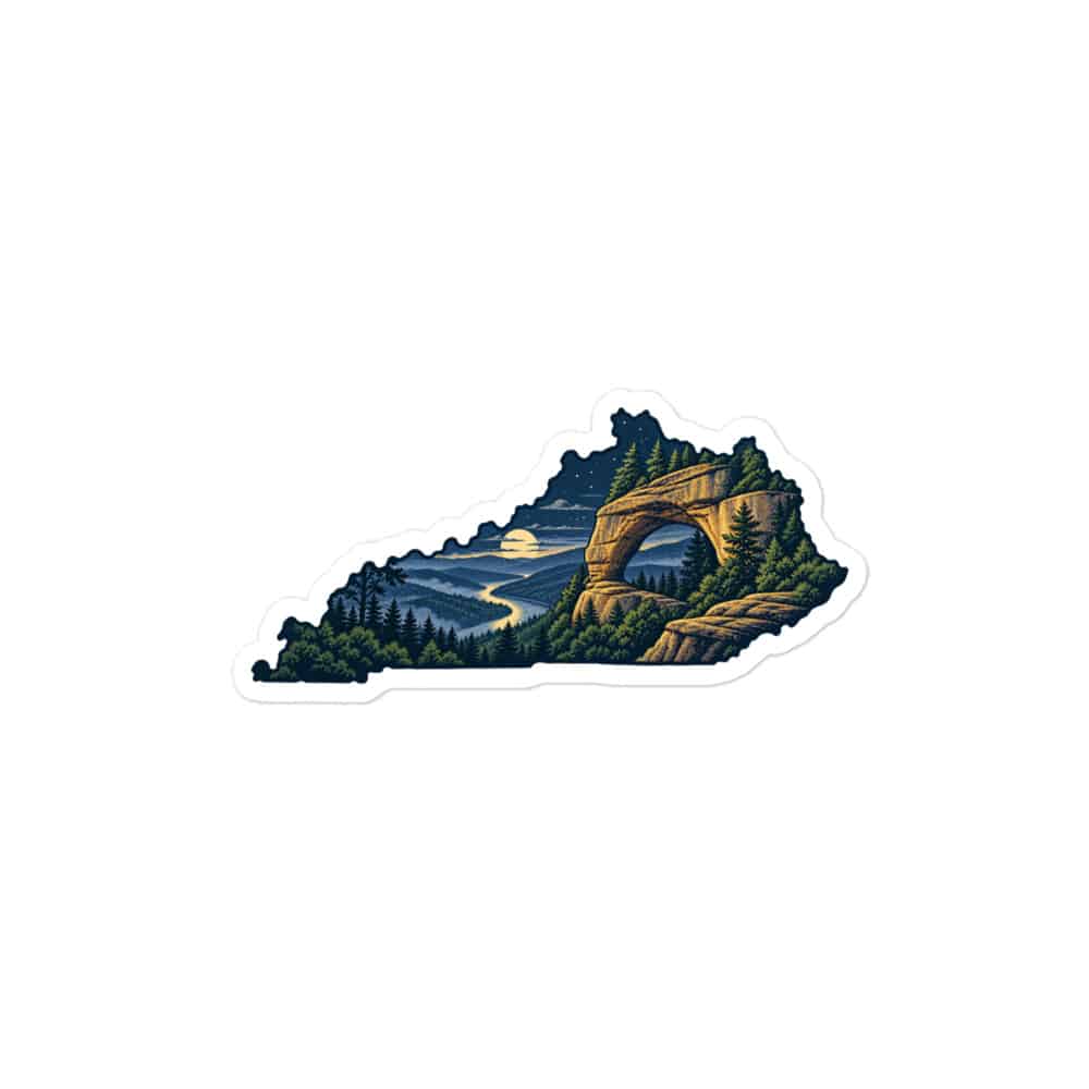 Kentucky Vinyl Sticker: Sandstone arch and forest, Illustrated Kentucky Silhouette