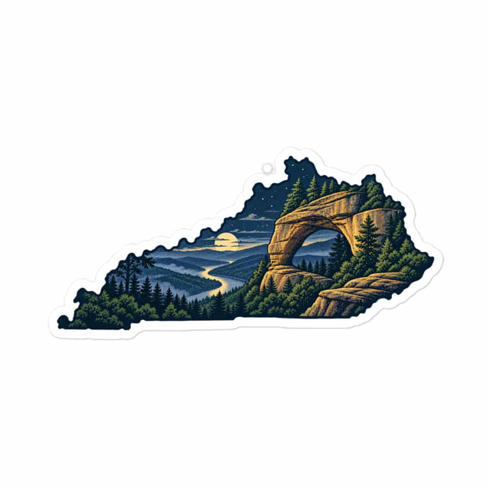 Kentucky Vinyl Sticker: Sandstone arch and forest, Illustrated Kentucky Silhouette