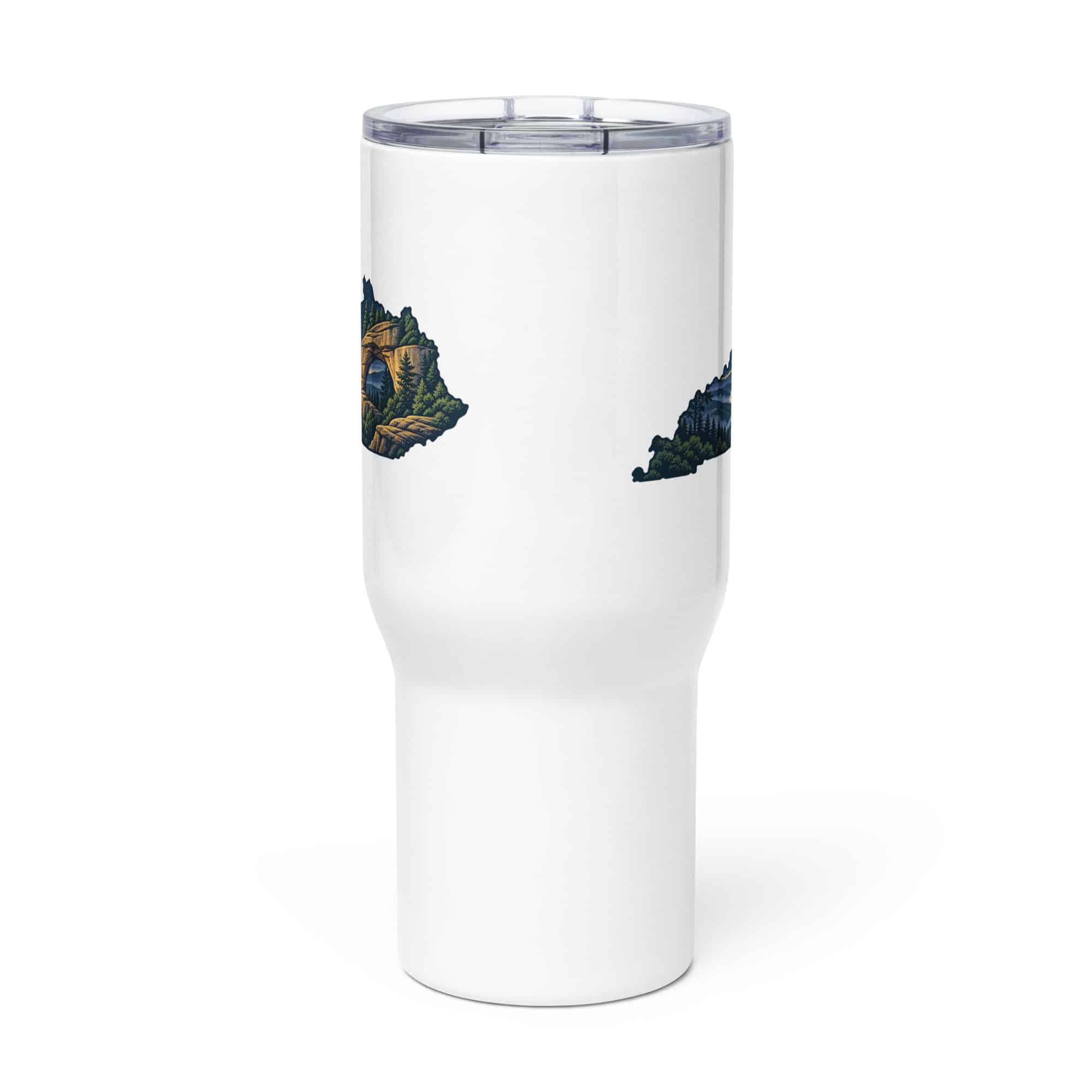 Kentucky Travel Mug: Sandstone arch and forest, Illustrated Kentucky Silhouette