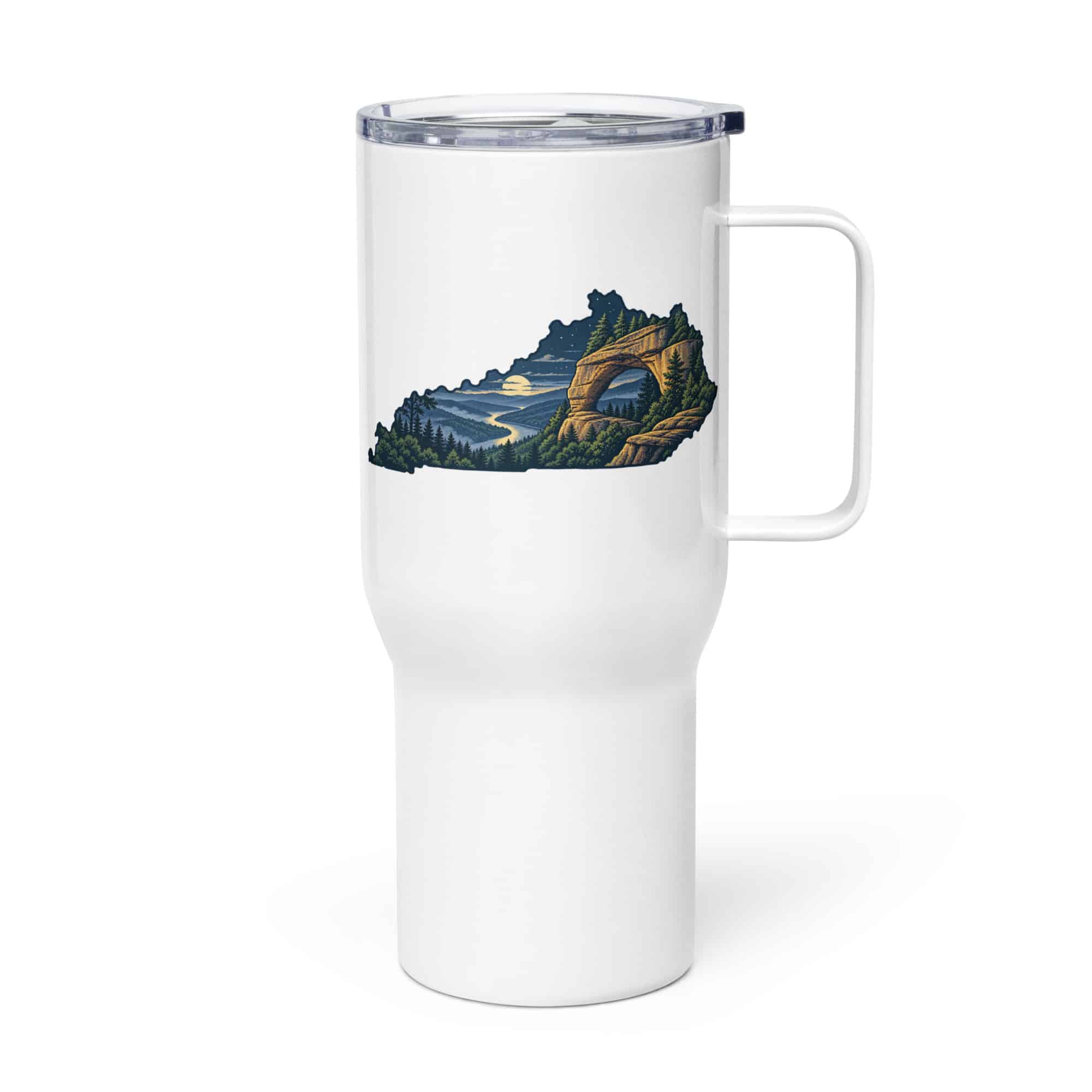 Kentucky Travel Mug: Sandstone arch and forest, Illustrated Kentucky Silhouette