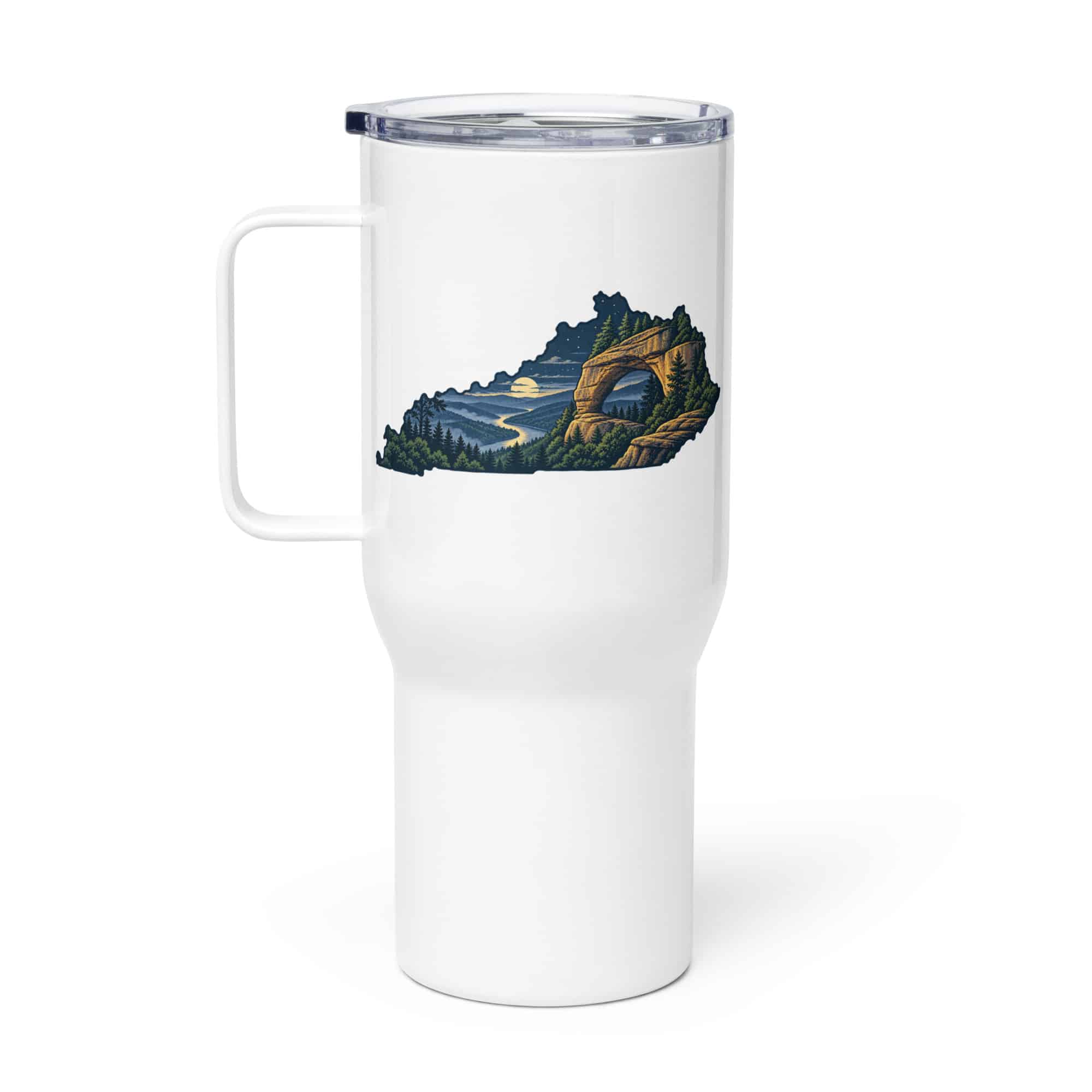 Kentucky Travel Mug: Sandstone arch and forest, Illustrated Kentucky Silhouette