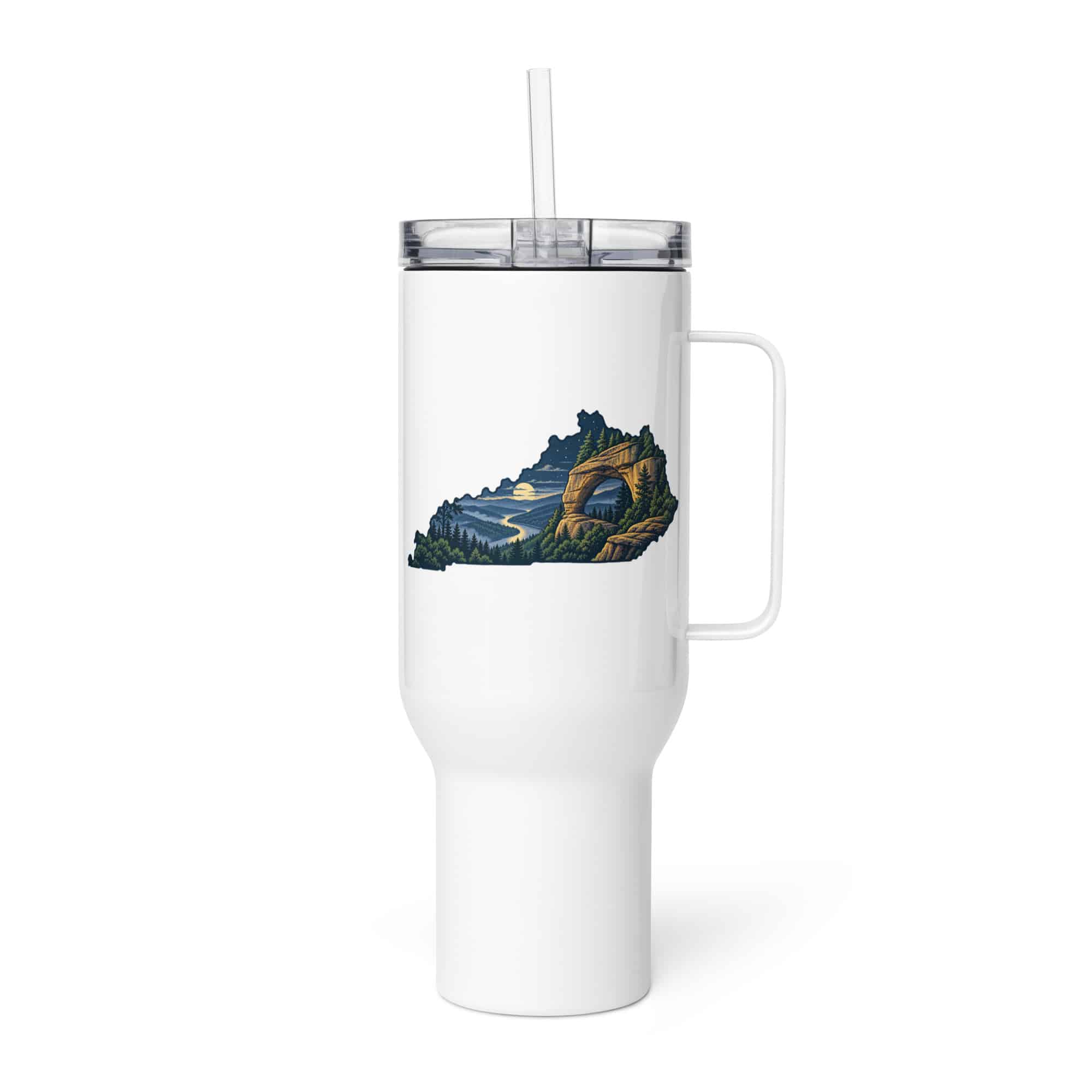 Kentucky Travel Mug: Sandstone arch and forest, Illustrated Kentucky Silhouette