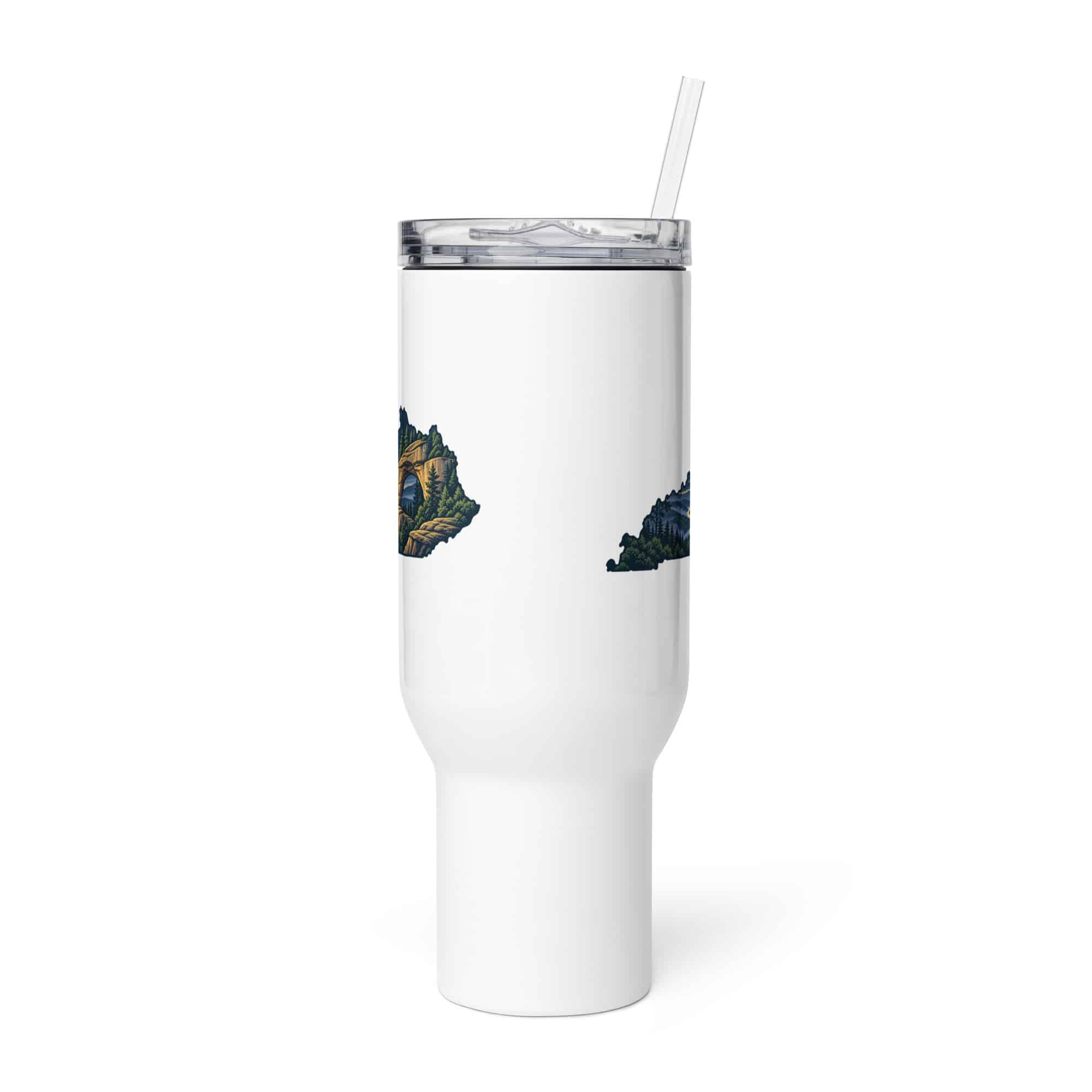 Kentucky Travel Mug: Sandstone arch and forest, Illustrated Kentucky Silhouette