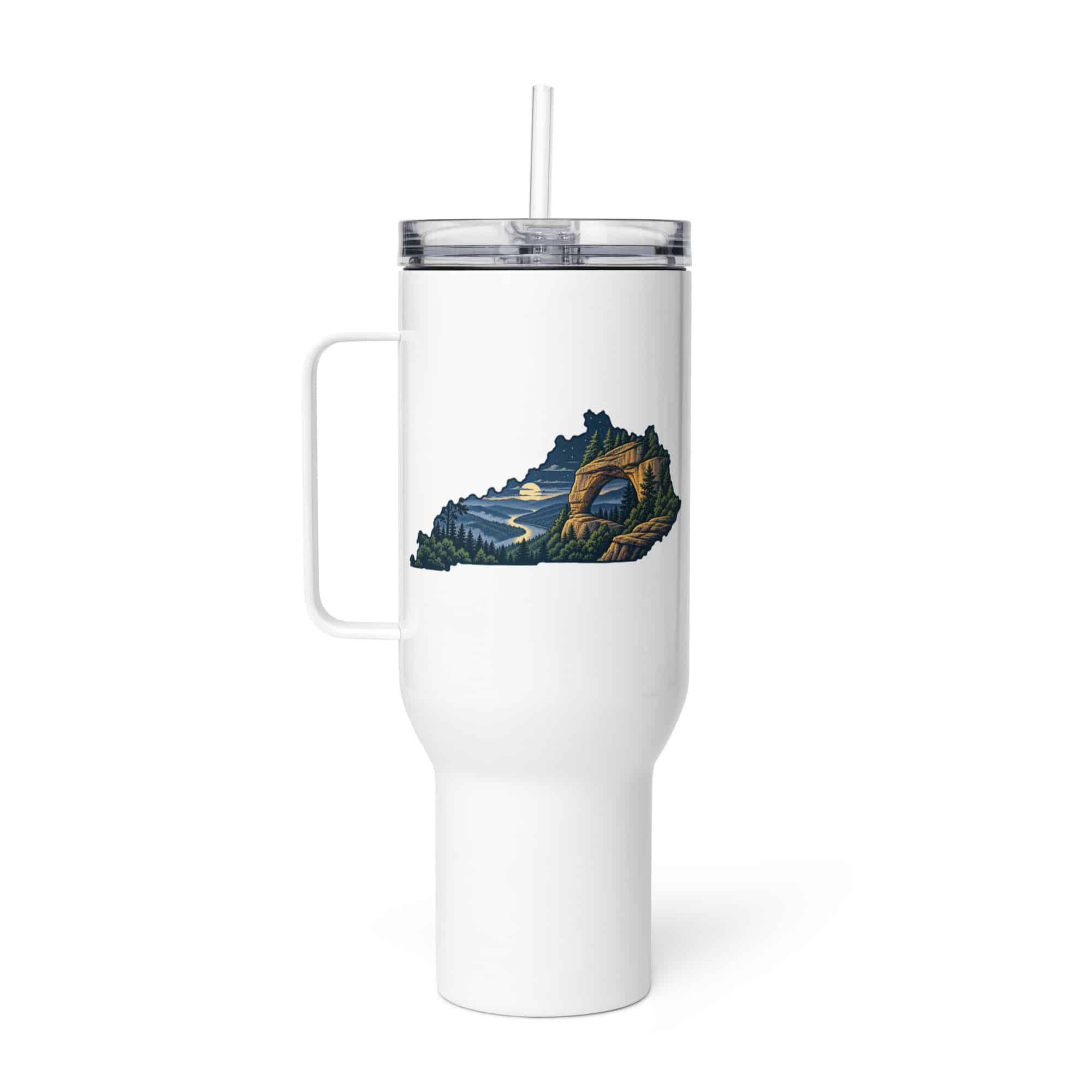 Kentucky Travel Mug: Sandstone arch and forest, Illustrated Kentucky Silhouette