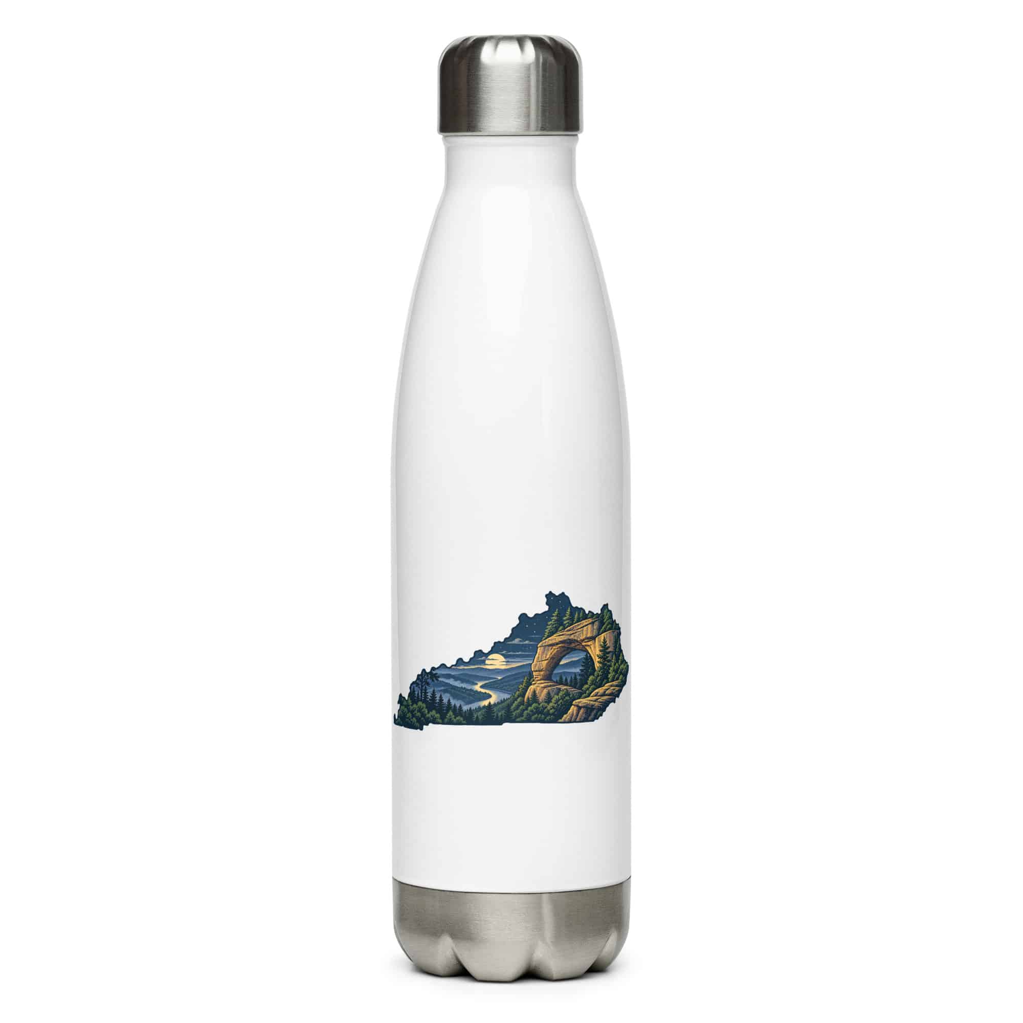 Kentucky Stainless Steel Water Bottle: Sandstone arch and forest, Illustrated Kentucky Silhouette