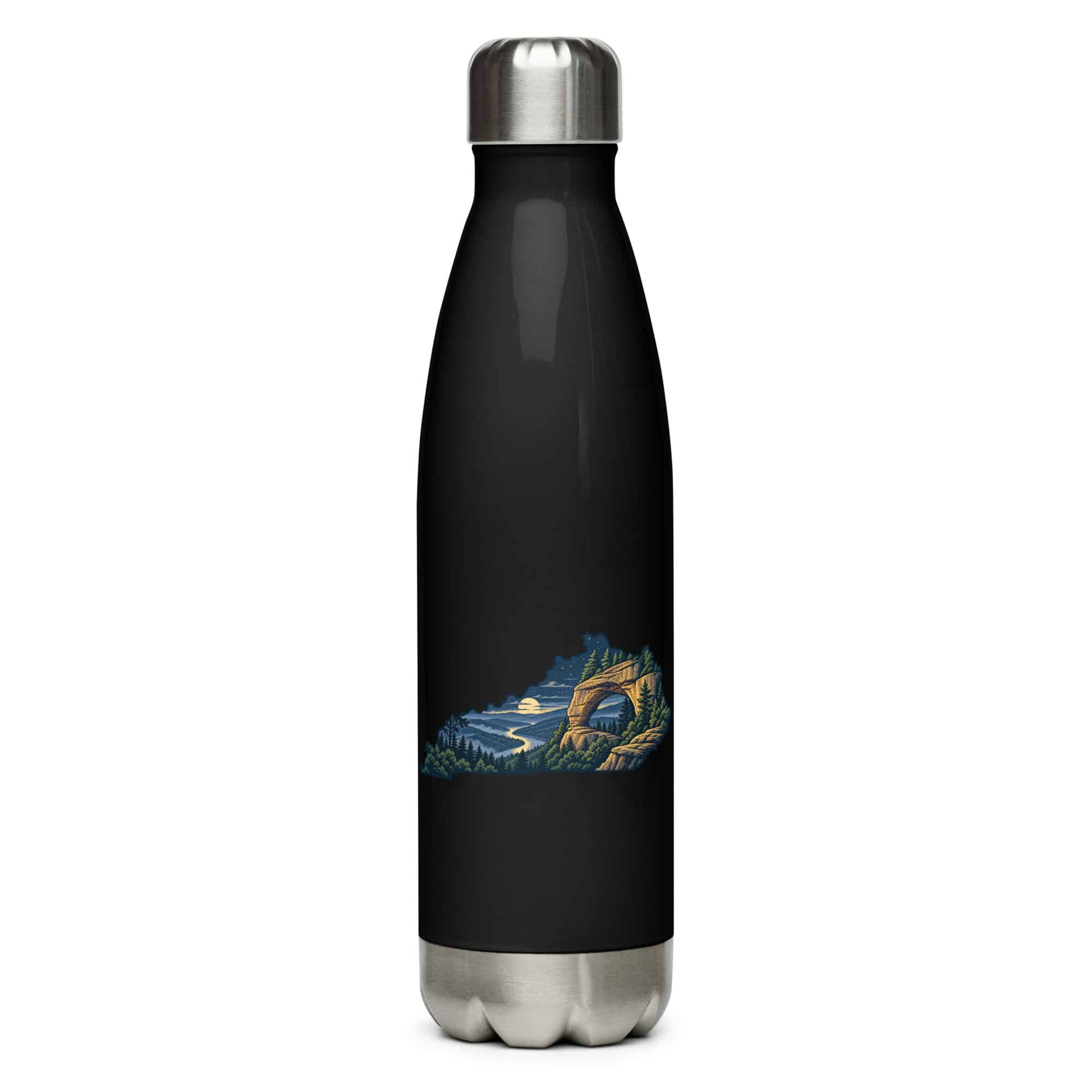 Kentucky Stainless Steel Water Bottle: Sandstone arch and forest, Illustrated Kentucky Silhouette