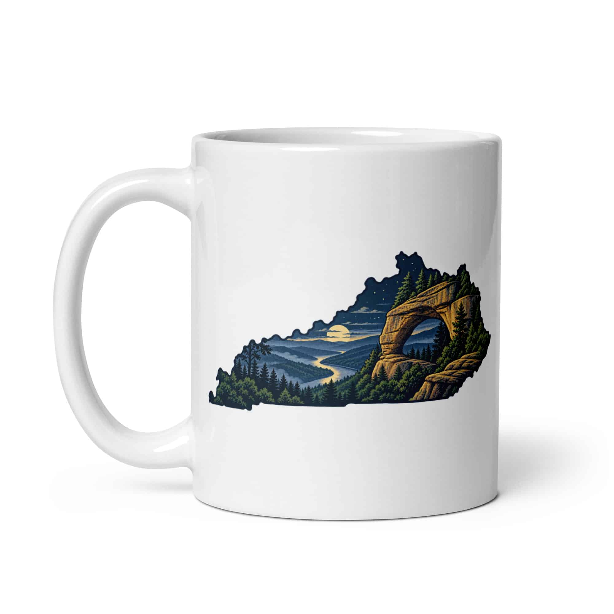 Kentucky White Ceramic Coffee Mug: Sandstone arch and forest, Illustrated Kentucky Silhouette