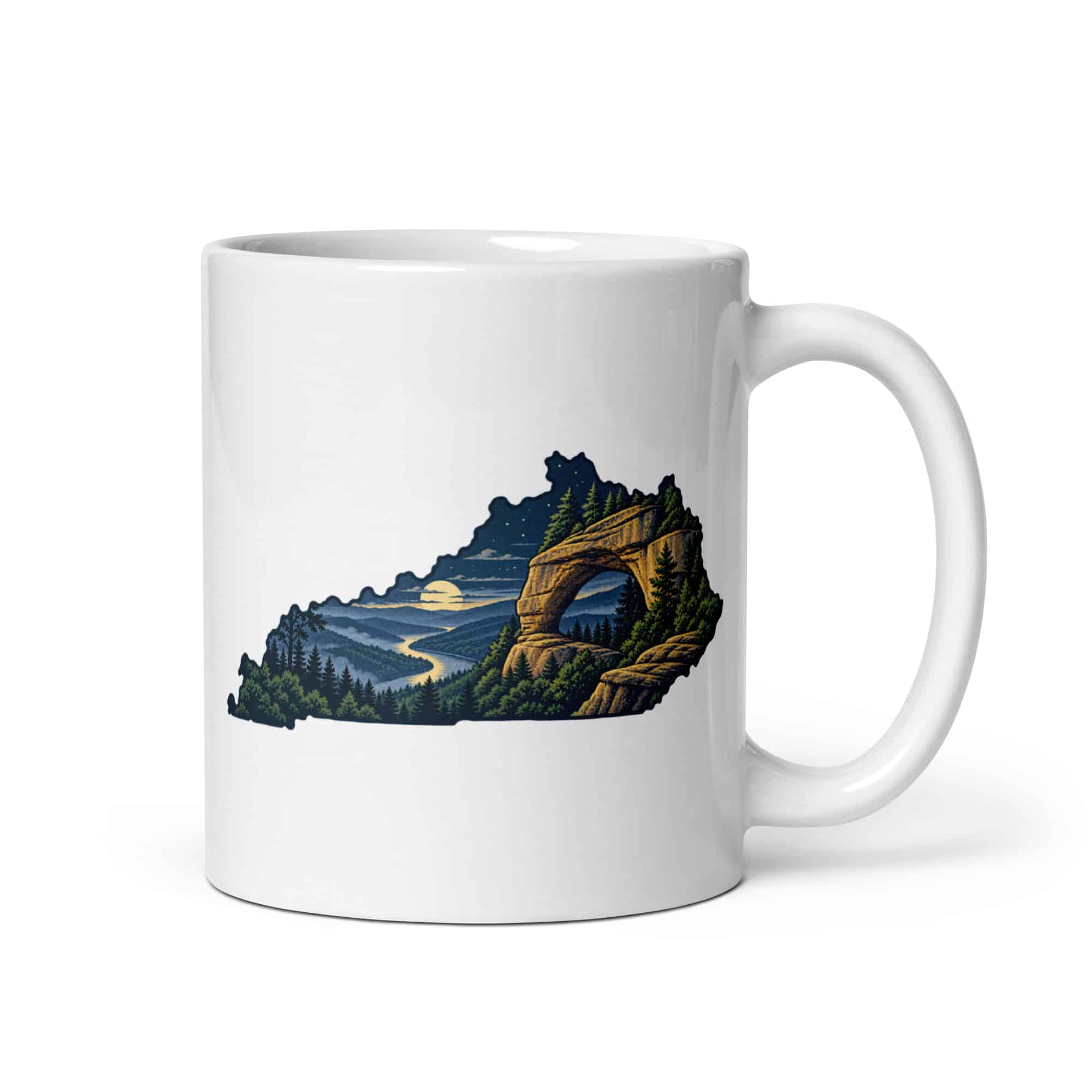 Kentucky White Ceramic Coffee Mug: Sandstone arch and forest, Illustrated Kentucky Silhouette