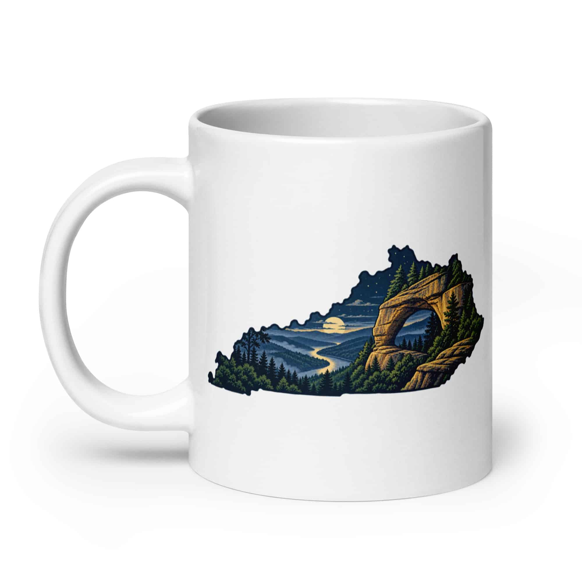 Kentucky White Ceramic Coffee Mug: Sandstone arch and forest, Illustrated Kentucky Silhouette