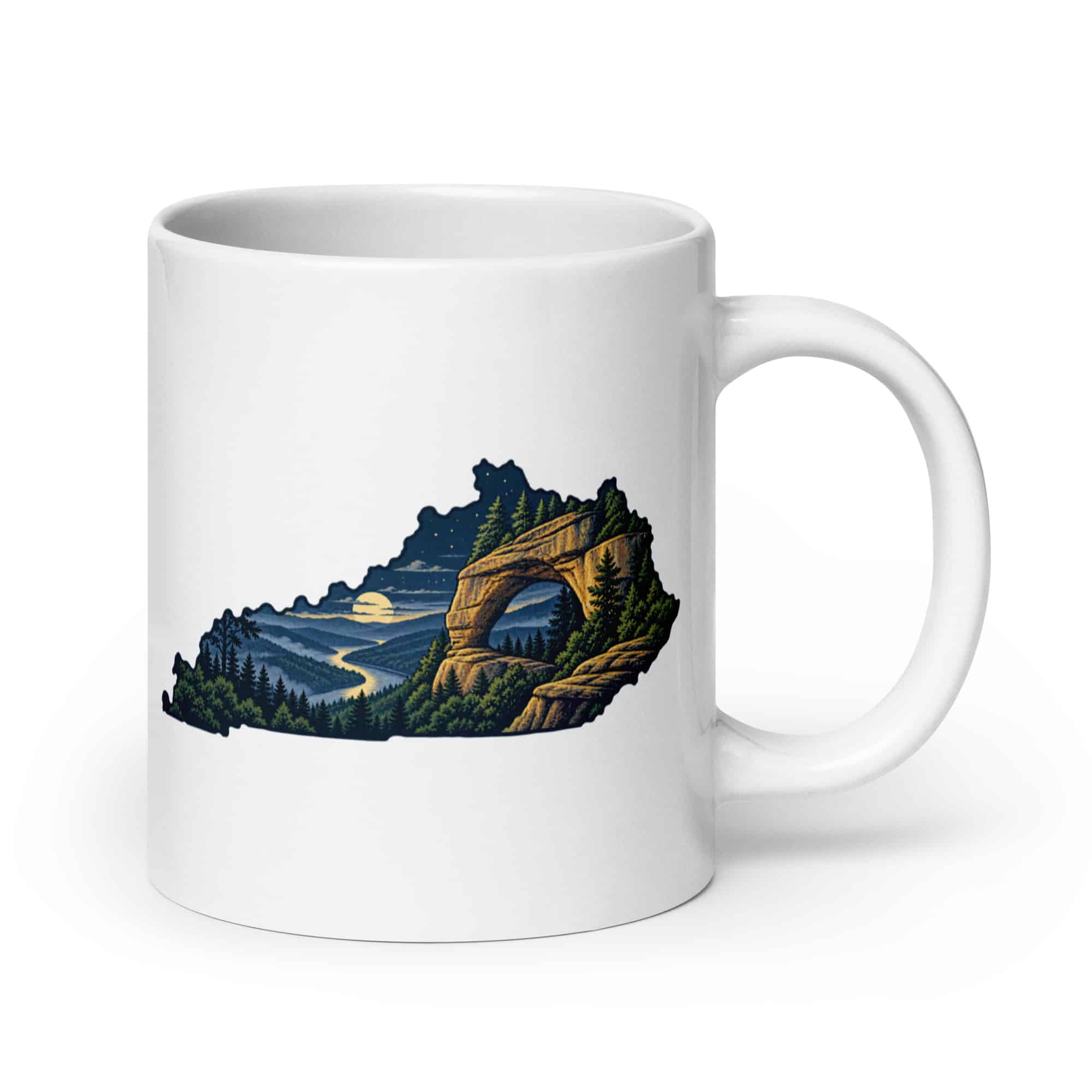 Kentucky White Ceramic Coffee Mug: Sandstone arch and forest, Illustrated Kentucky Silhouette