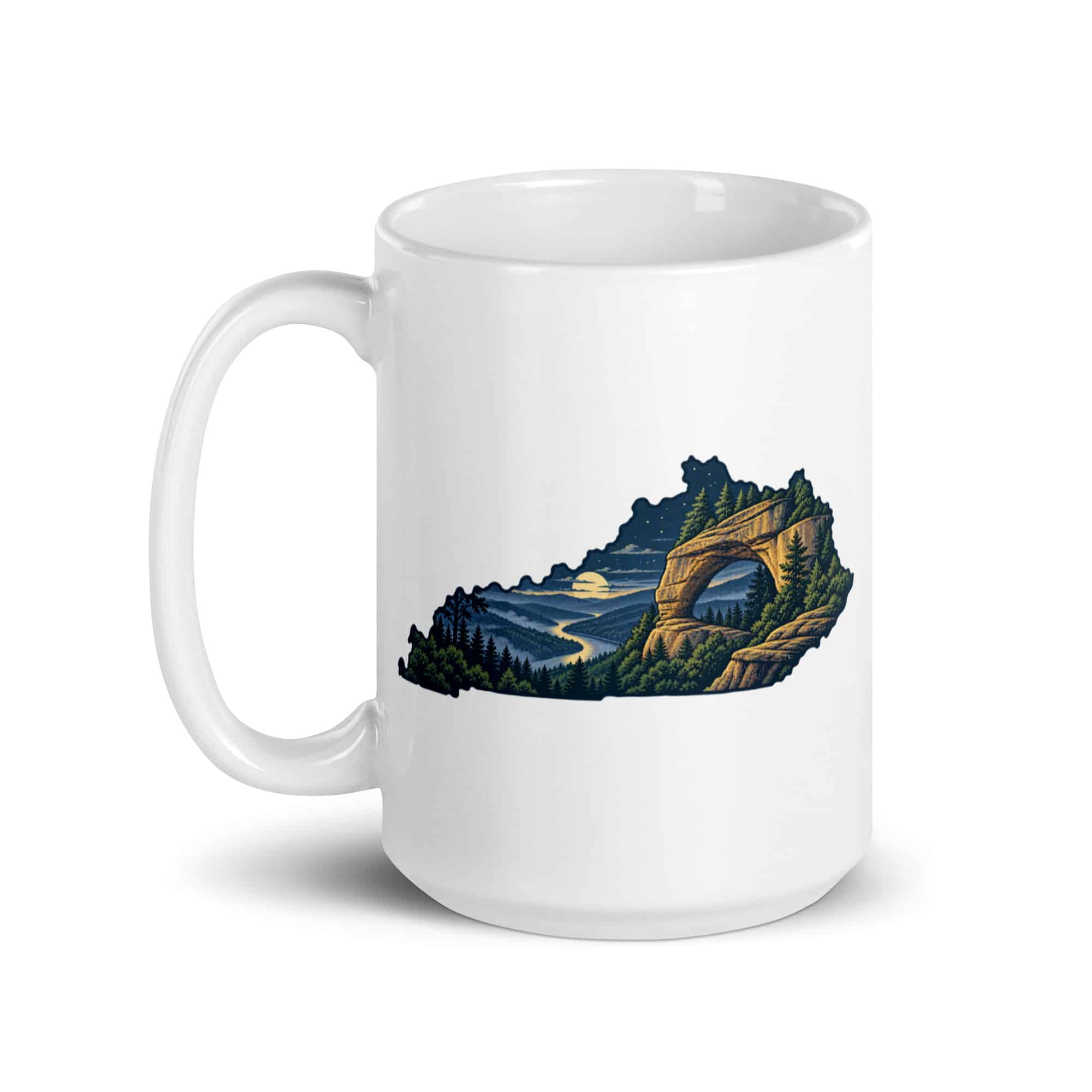Kentucky White Ceramic Coffee Mug: Sandstone arch and forest, Illustrated Kentucky Silhouette