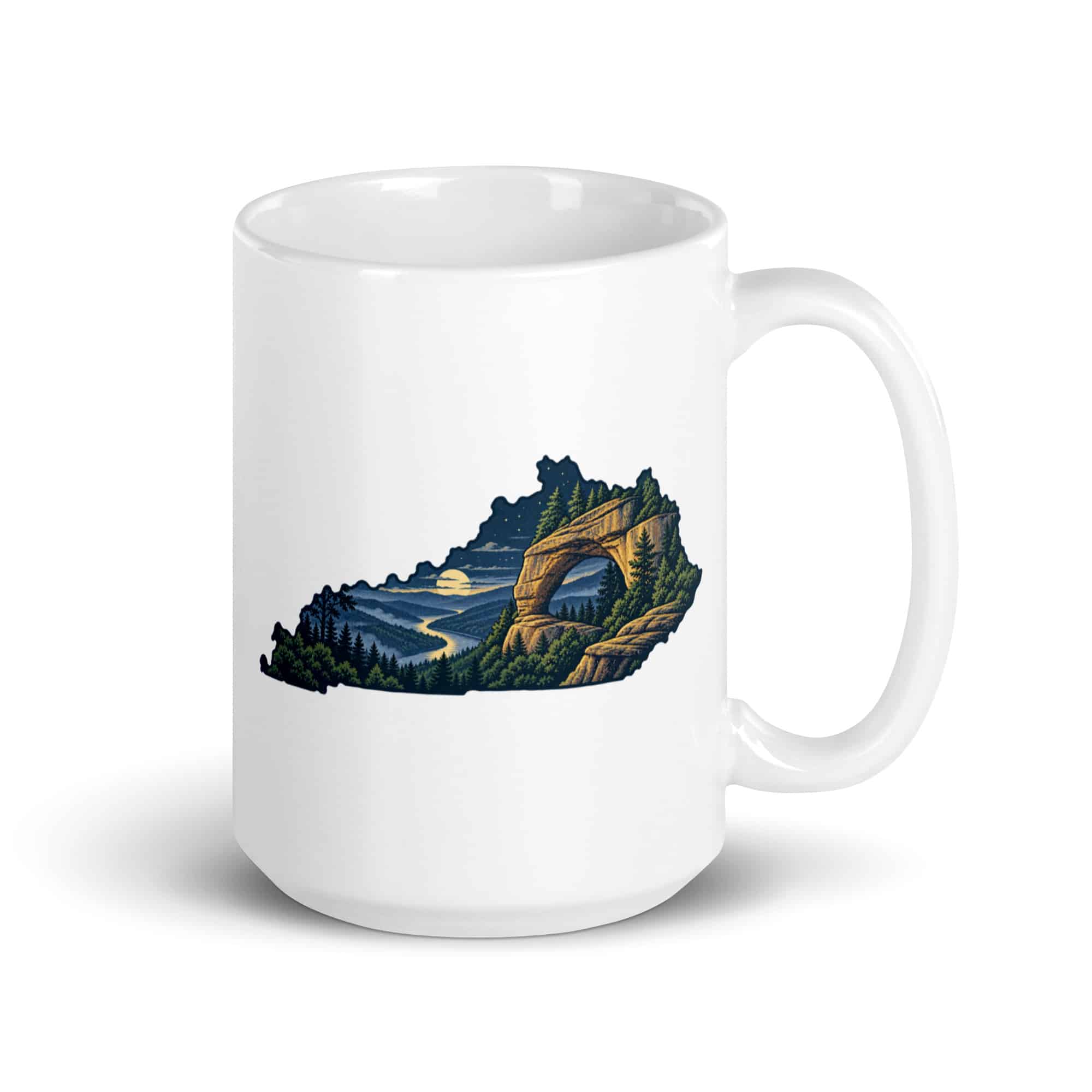 Kentucky White Ceramic Coffee Mug: Sandstone arch and forest, Illustrated Kentucky Silhouette