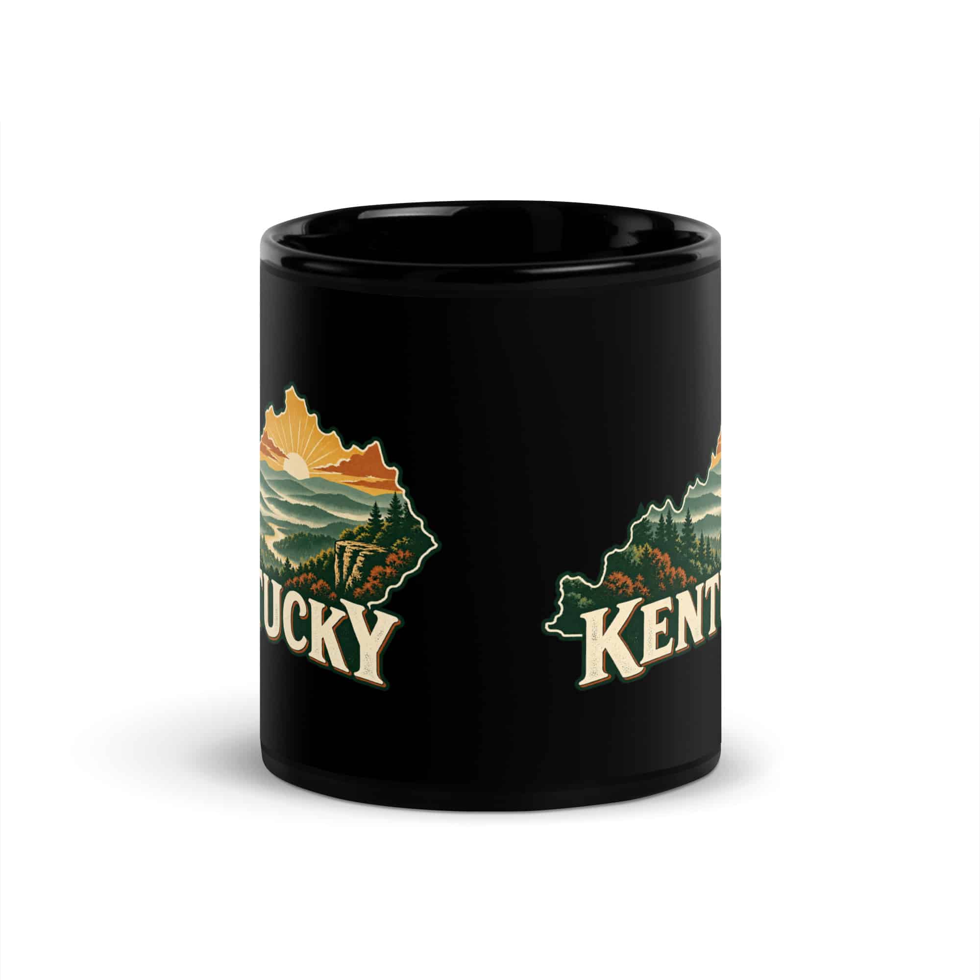 Kentucky Black Coffee Mug: Layered Appalachian ridges at sunrise, Vintage Kentucky Silhouette