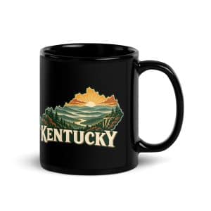 Kentucky Black Coffee Mug: Layered Appalachian ridges at sunrise, Vintage Kentucky Silhouette - 11 oz - Handle on Right