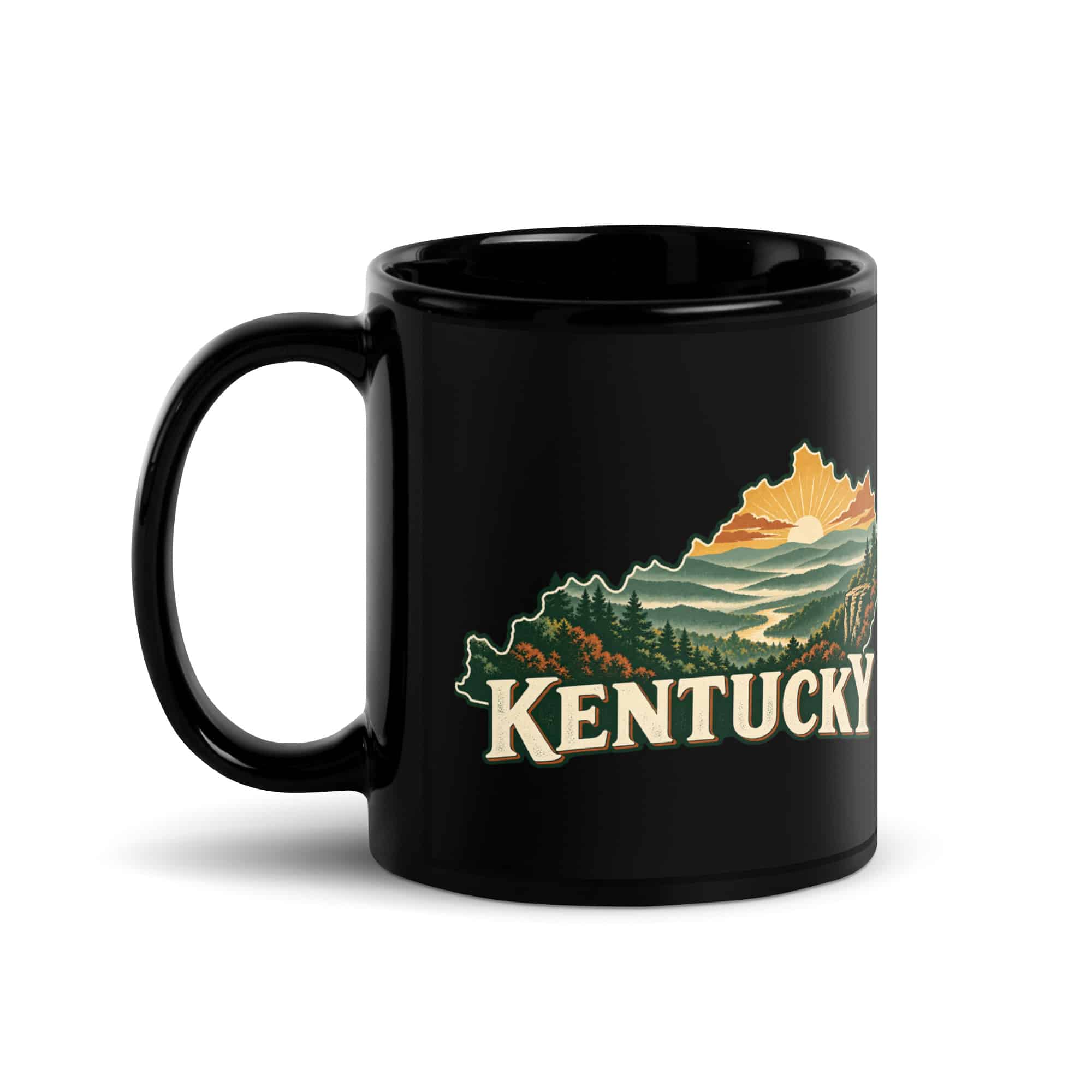 Kentucky Black Coffee Mug: Layered Appalachian ridges at sunrise, Vintage Kentucky Silhouette
