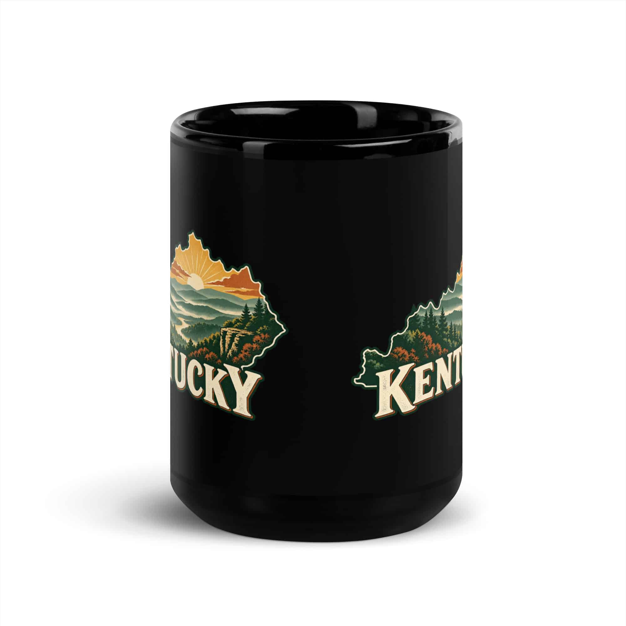 Kentucky Black Coffee Mug: Layered Appalachian ridges at sunrise, Vintage Kentucky Silhouette