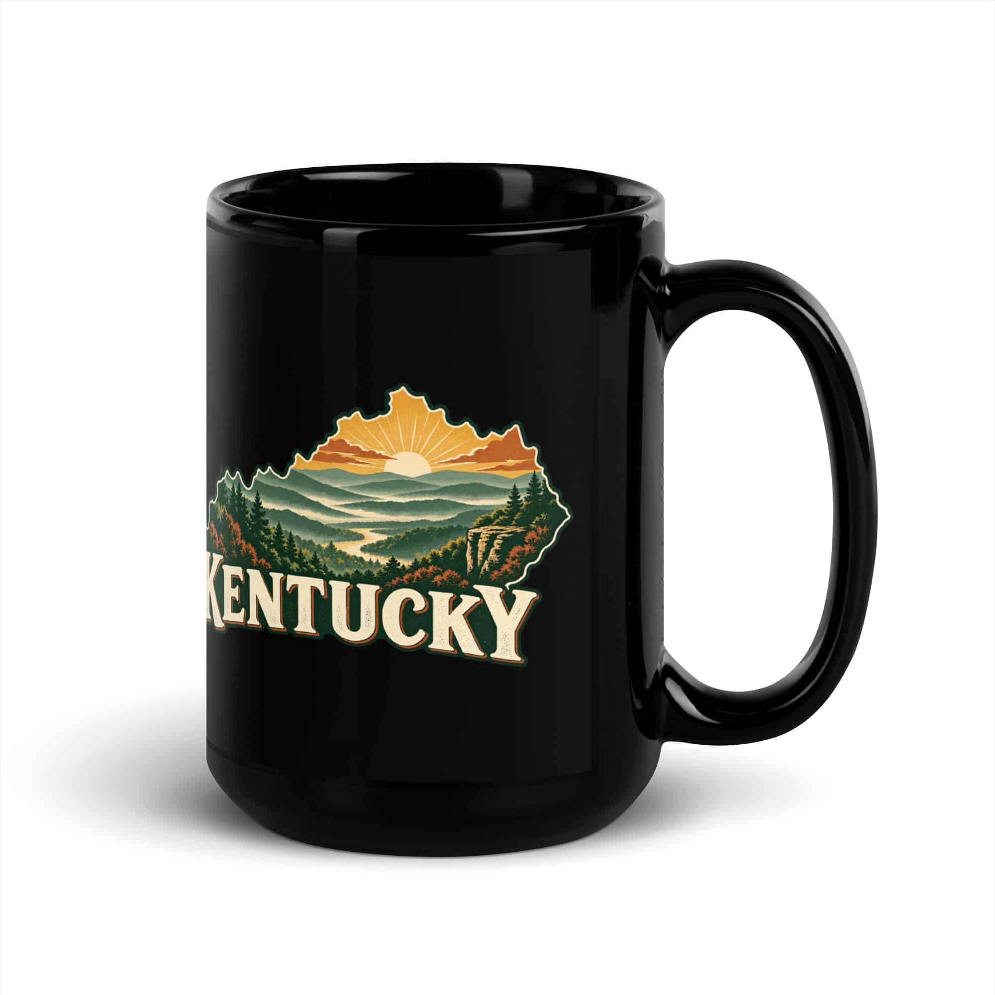 Kentucky Black Coffee Mug: Layered Appalachian ridges at sunrise, Vintage Kentucky Silhouette