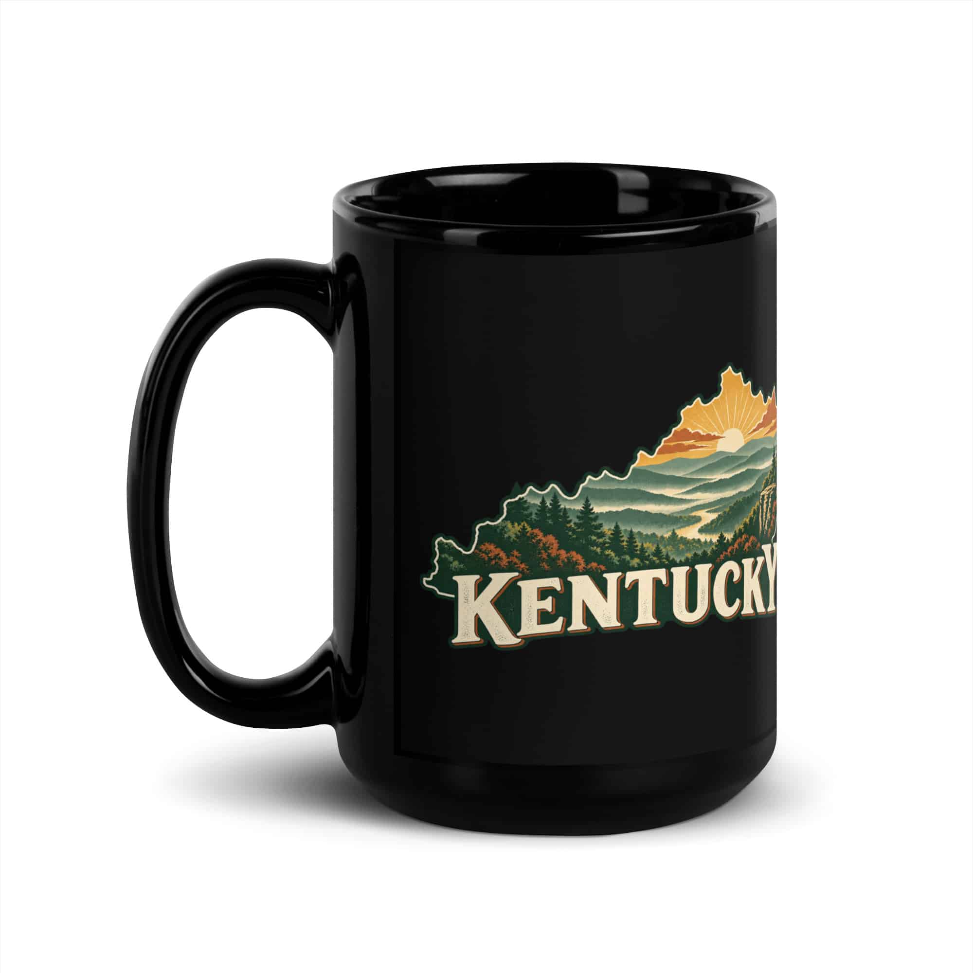 Kentucky Black Coffee Mug: Layered Appalachian ridges at sunrise, Vintage Kentucky Silhouette