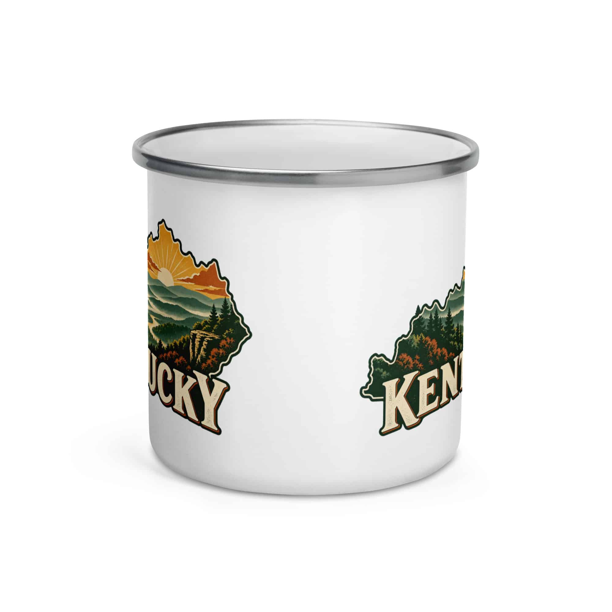 Kentucky Enamel Camp Mug: Layered Appalachian ridges at sunrise, Vintage Kentucky Silhouette