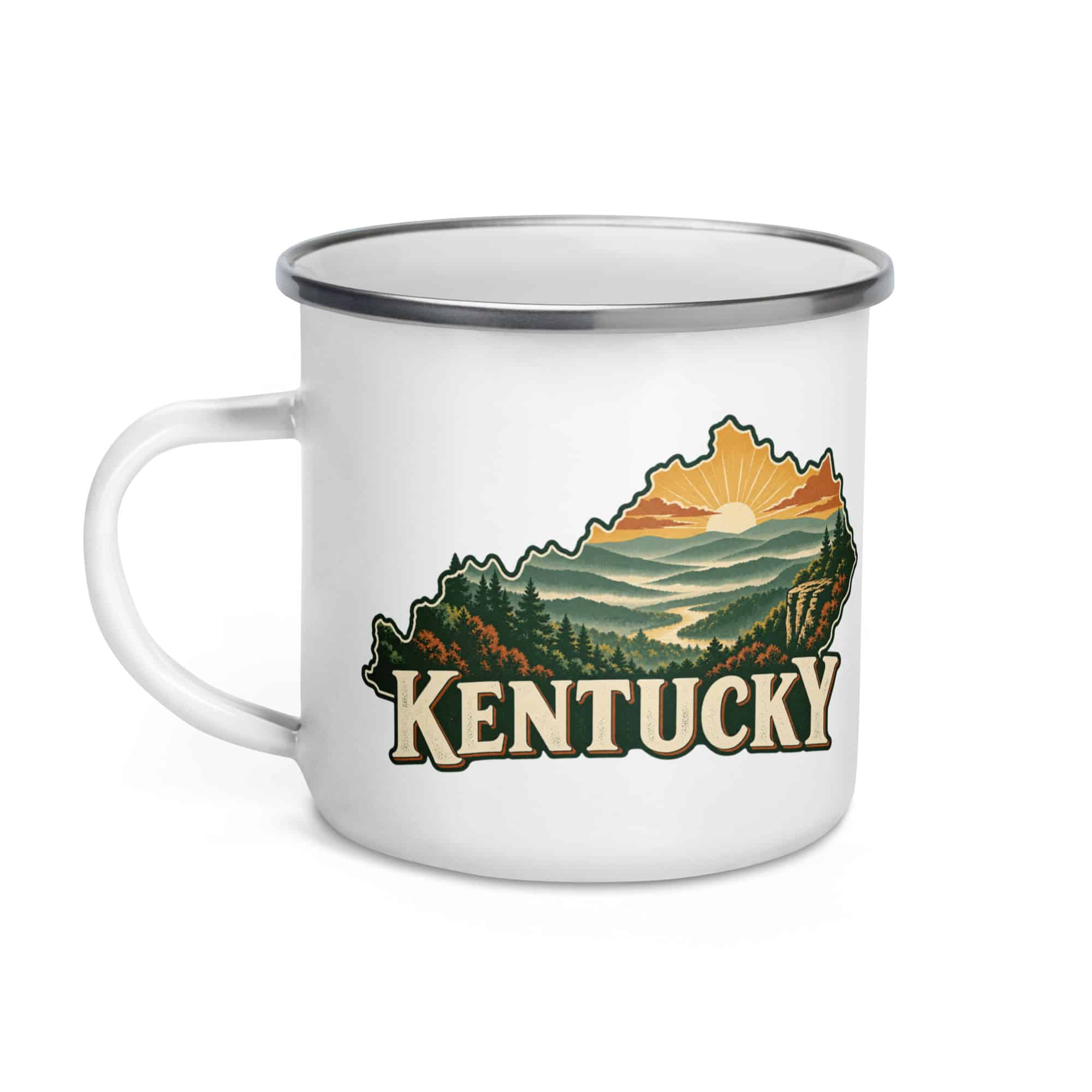 Kentucky Enamel Camp Mug: Layered Appalachian ridges at sunrise, Vintage Kentucky Silhouette