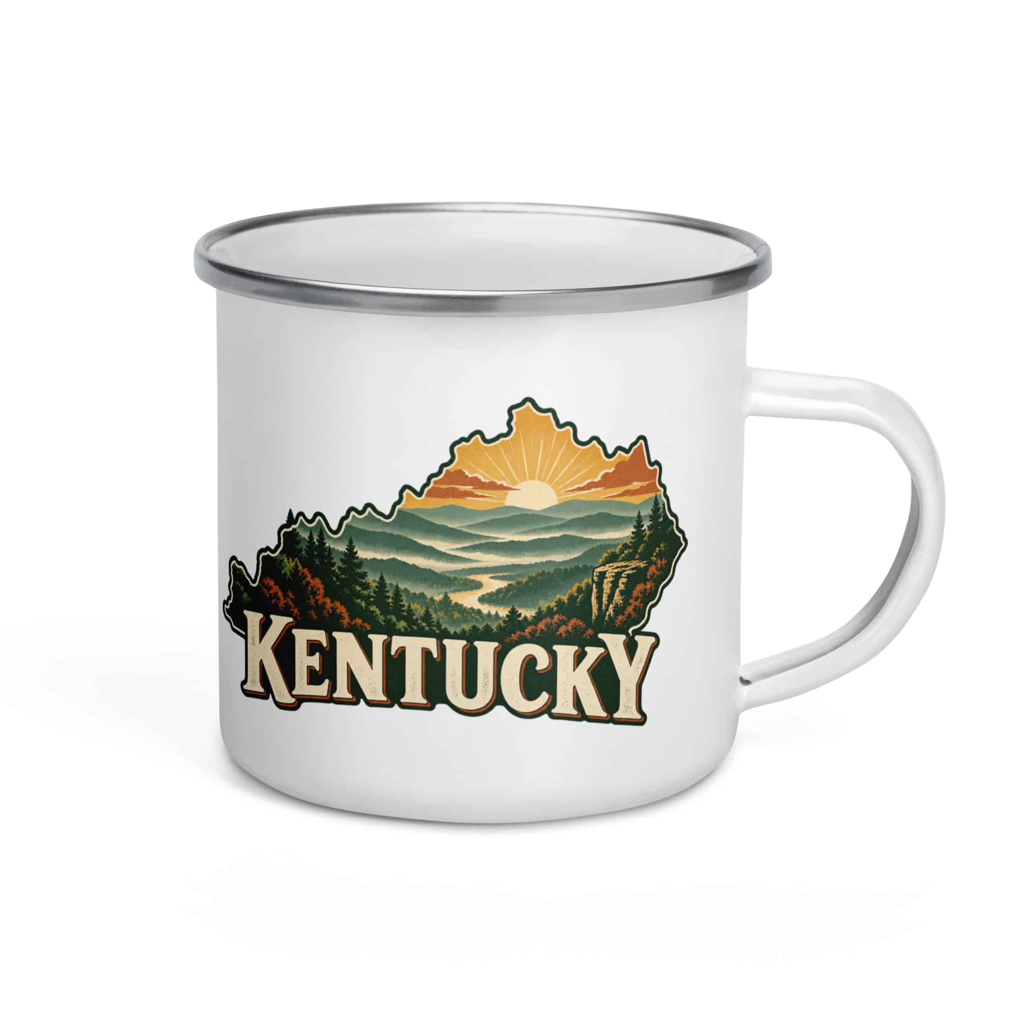 Kentucky Enamel Camp Mug: Layered Appalachian ridges at sunrise, Vintage Kentucky Silhouette