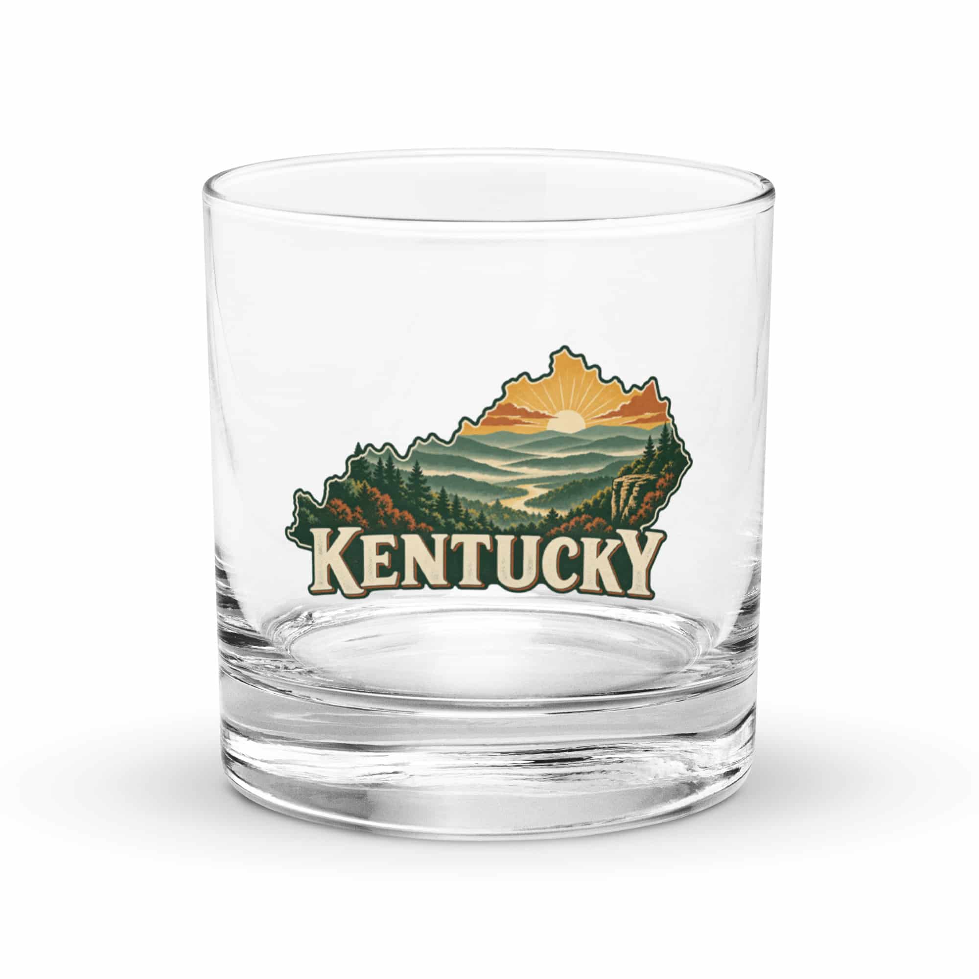 Kentucky Rocks Glass: Layered Appalachian ridges at sunrise, Vintage Kentucky Silhouette