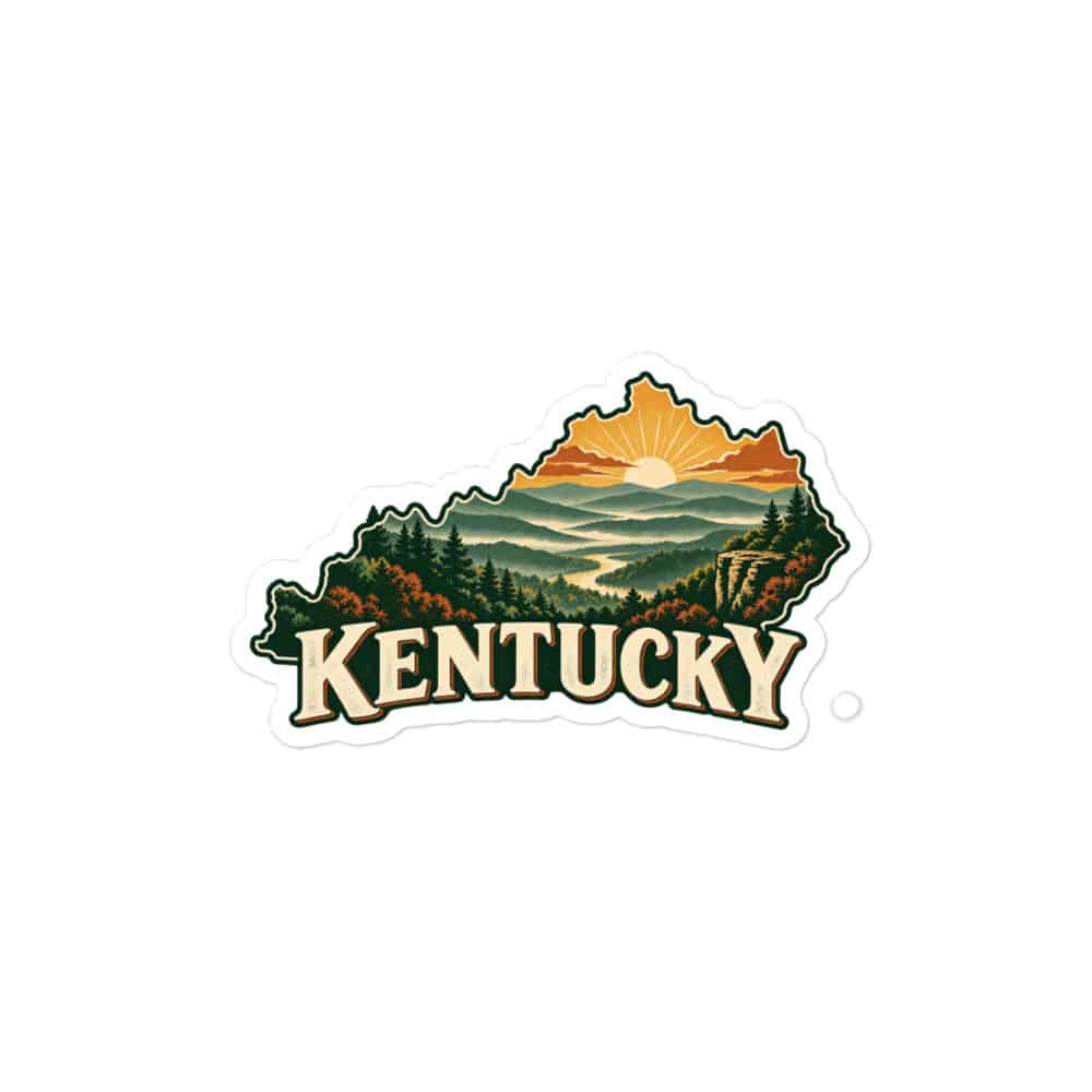 Kentucky Vinyl Sticker: Layered Appalachian ridges at sunrise, Vintage Kentucky Silhouette