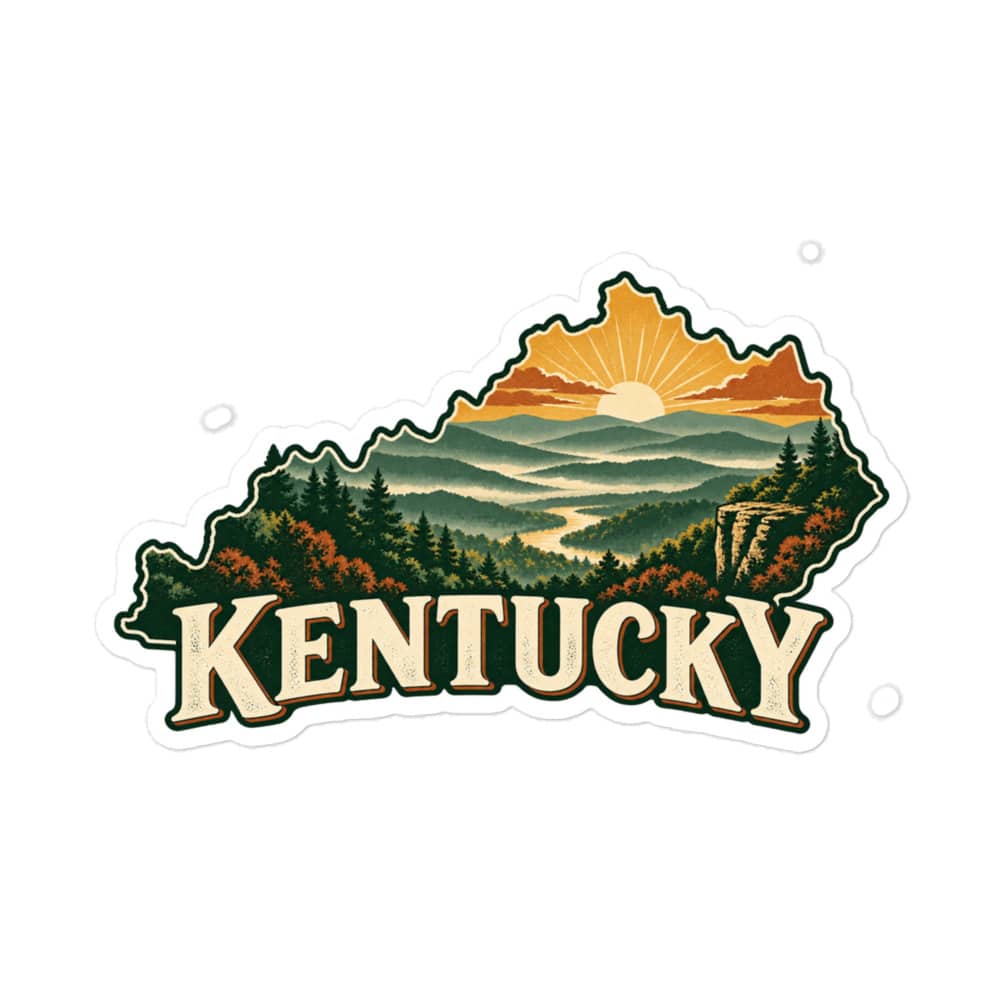 Kentucky Vinyl Sticker: Layered Appalachian ridges at sunrise, Vintage Kentucky Silhouette