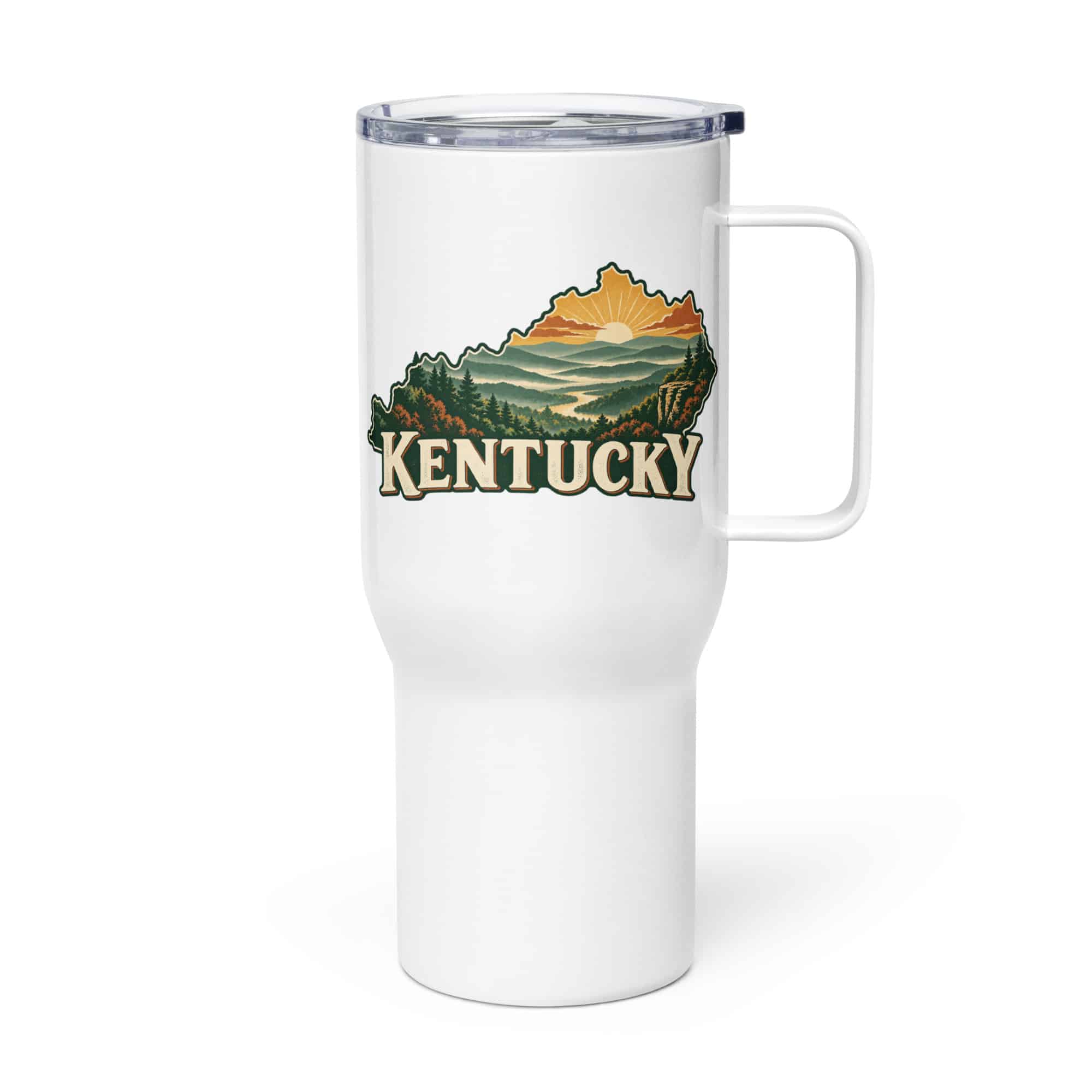 Kentucky Travel Mug: Layered Appalachian ridges at sunrise, Vintage Kentucky Silhouette