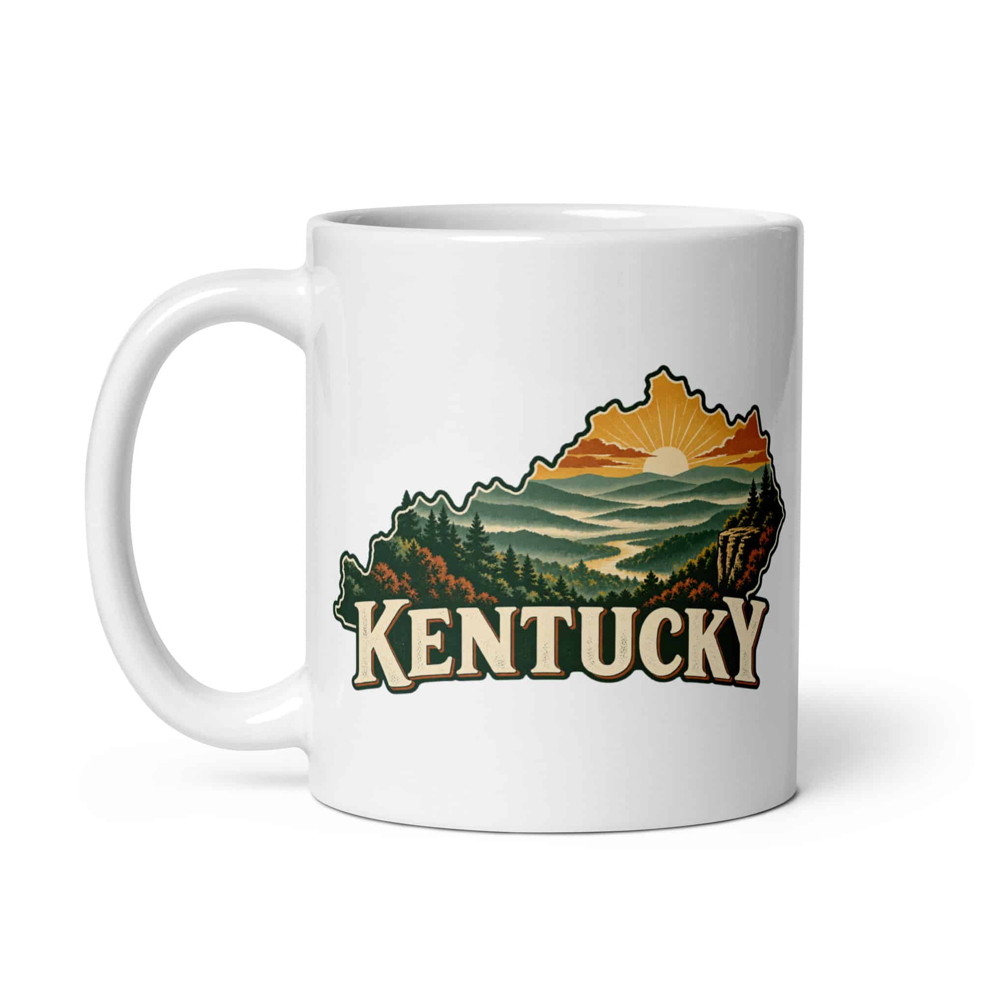Kentucky White Ceramic Coffee Mug: Layered Appalachian ridges at sunrise, Vintage Kentucky Silhouette