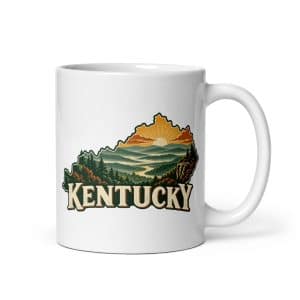 Kentucky White Ceramic Coffee Mug: Layered Appalachian ridges at sunrise, Vintage Kentucky Silhouette - 11 oz - Main