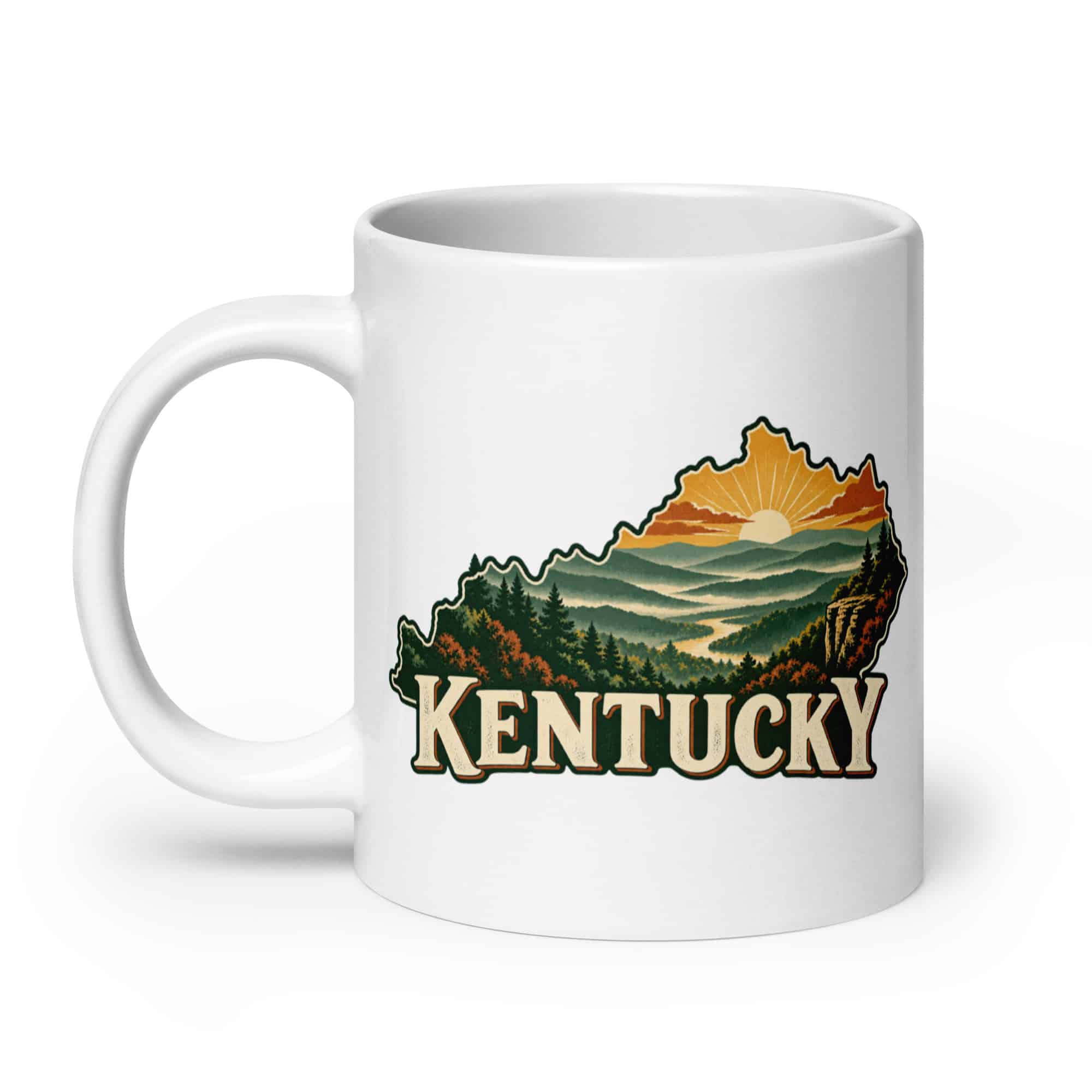 Kentucky White Ceramic Coffee Mug: Layered Appalachian ridges at sunrise, Vintage Kentucky Silhouette