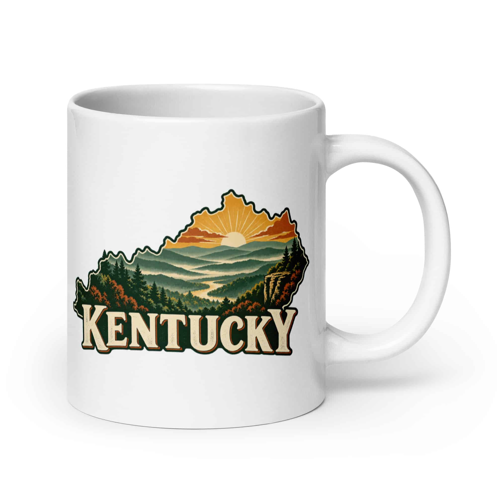 Kentucky White Ceramic Coffee Mug: Layered Appalachian ridges at sunrise, Vintage Kentucky Silhouette