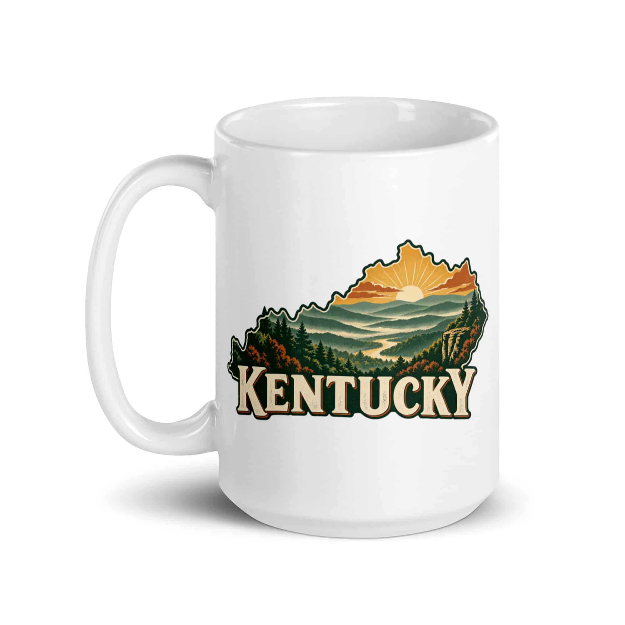 Kentucky White Ceramic Coffee Mug: Layered Appalachian ridges at sunrise, Vintage Kentucky Silhouette
