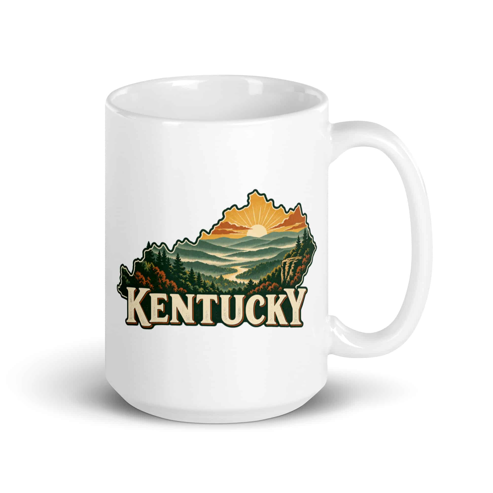 Kentucky White Ceramic Coffee Mug: Layered Appalachian ridges at sunrise, Vintage Kentucky Silhouette