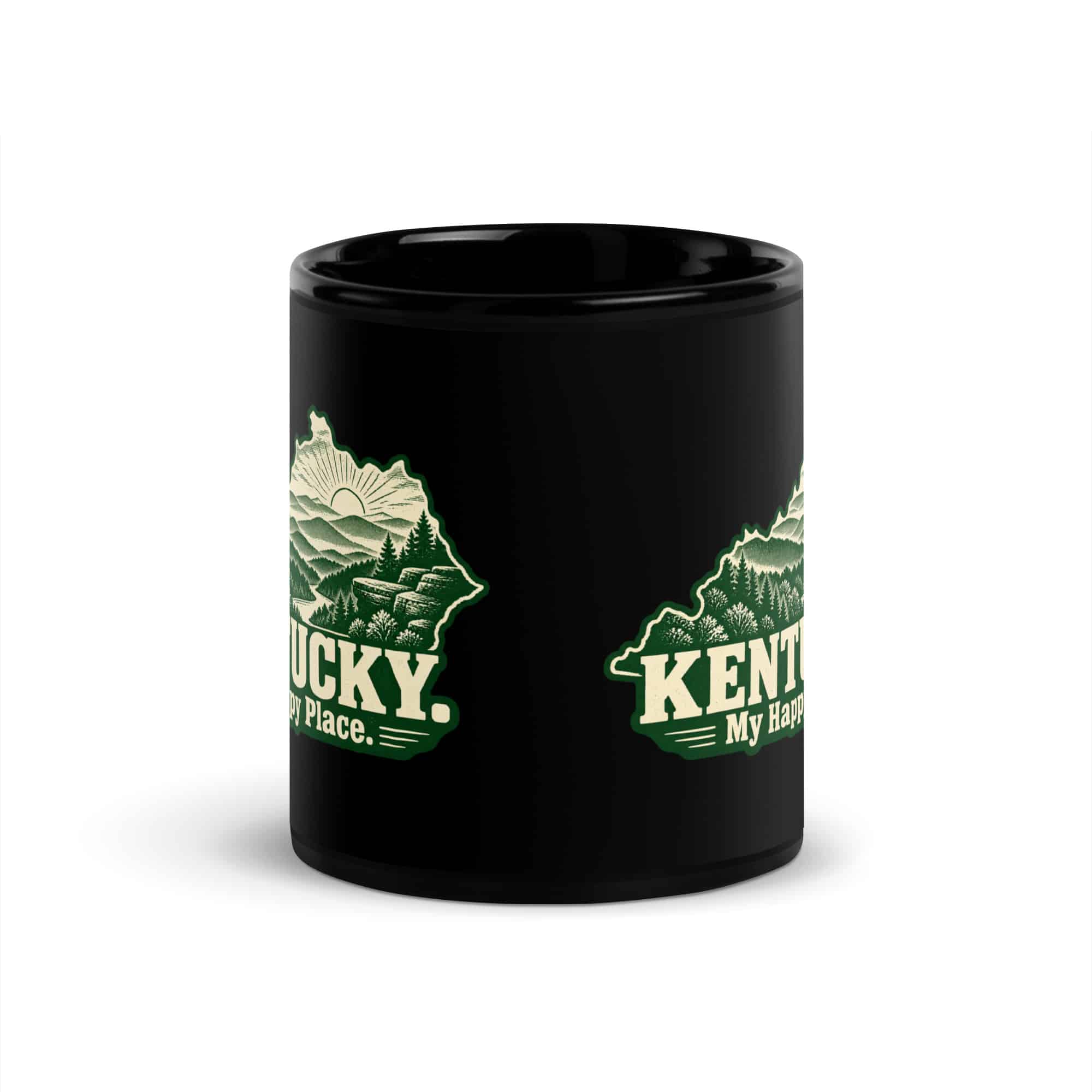 Kentucky Black Coffee Mug: Layered Appalachian ridges at sunrise, Woodcut Kentucky Silhouette