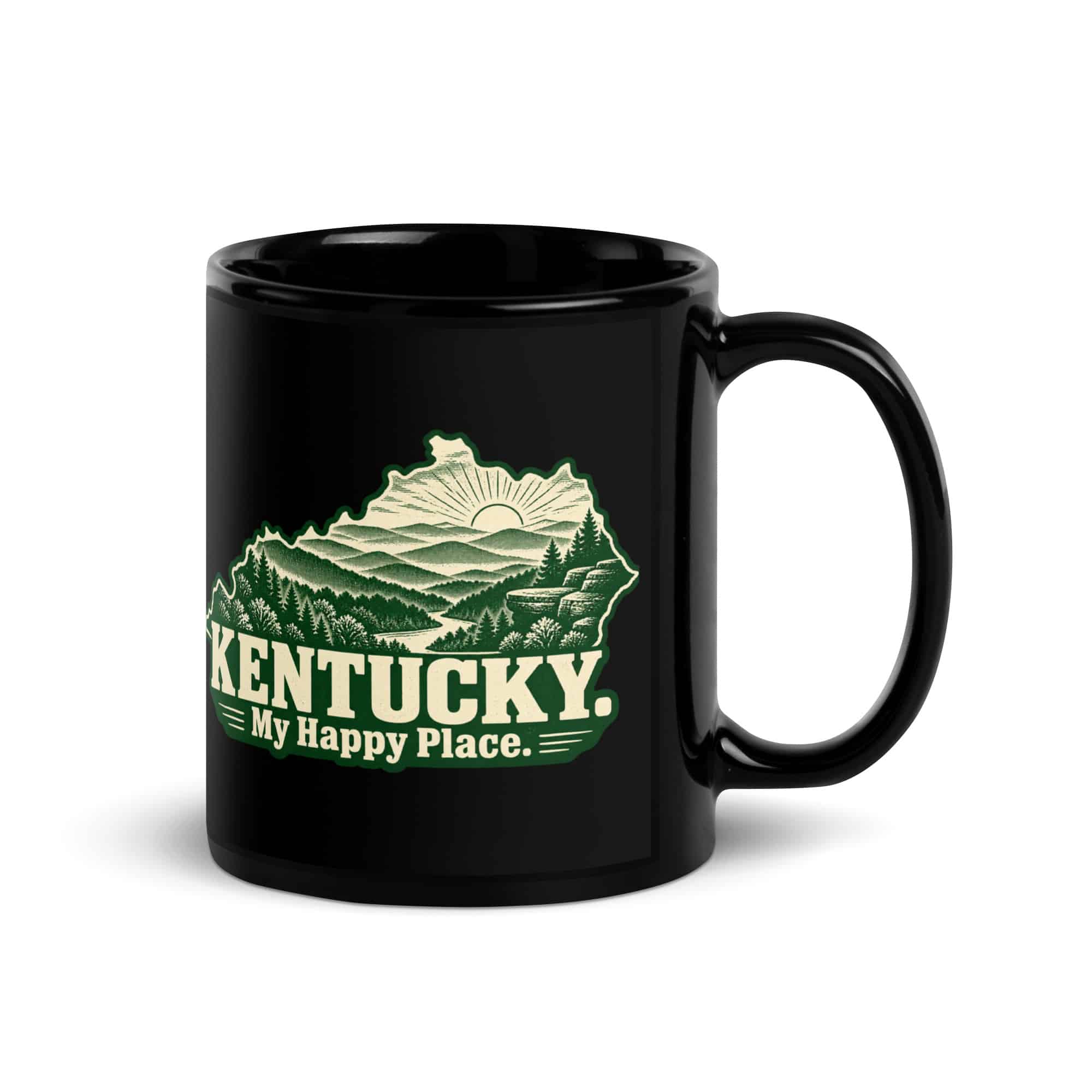 Kentucky Black Coffee Mug: Layered Appalachian ridges at sunrise, Woodcut Kentucky Silhouette