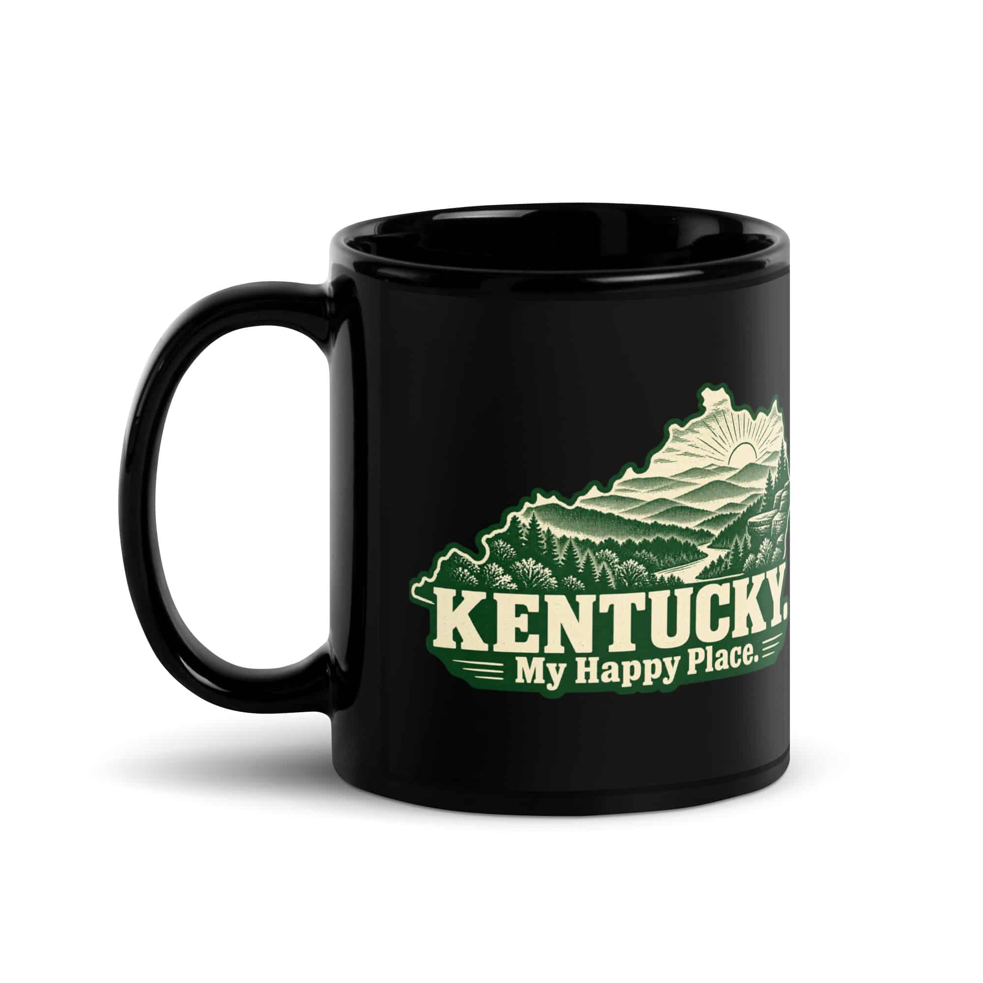 Kentucky Black Coffee Mug: Layered Appalachian ridges at sunrise, Woodcut Kentucky Silhouette