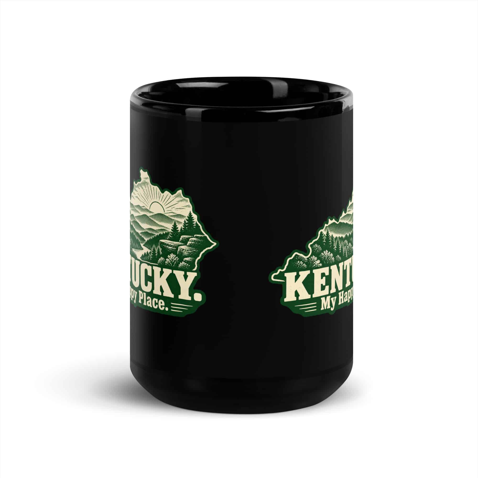 Kentucky Black Coffee Mug: Layered Appalachian ridges at sunrise, Woodcut Kentucky Silhouette