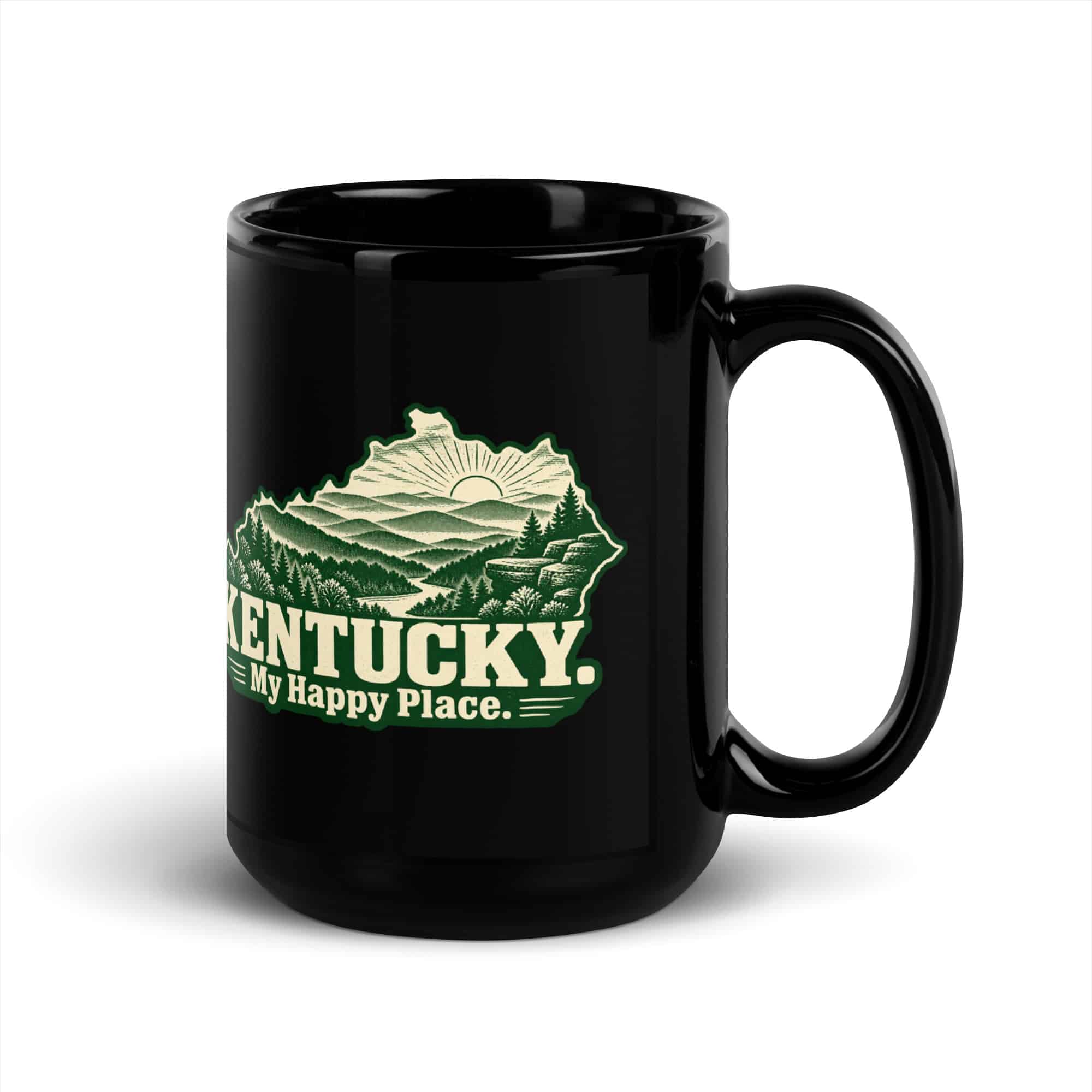 Kentucky Black Coffee Mug: Layered Appalachian ridges at sunrise, Woodcut Kentucky Silhouette