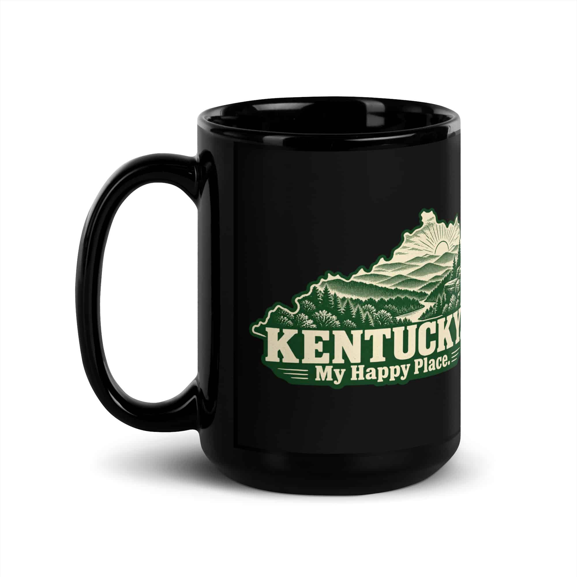 Kentucky Black Coffee Mug: Layered Appalachian ridges at sunrise, Woodcut Kentucky Silhouette